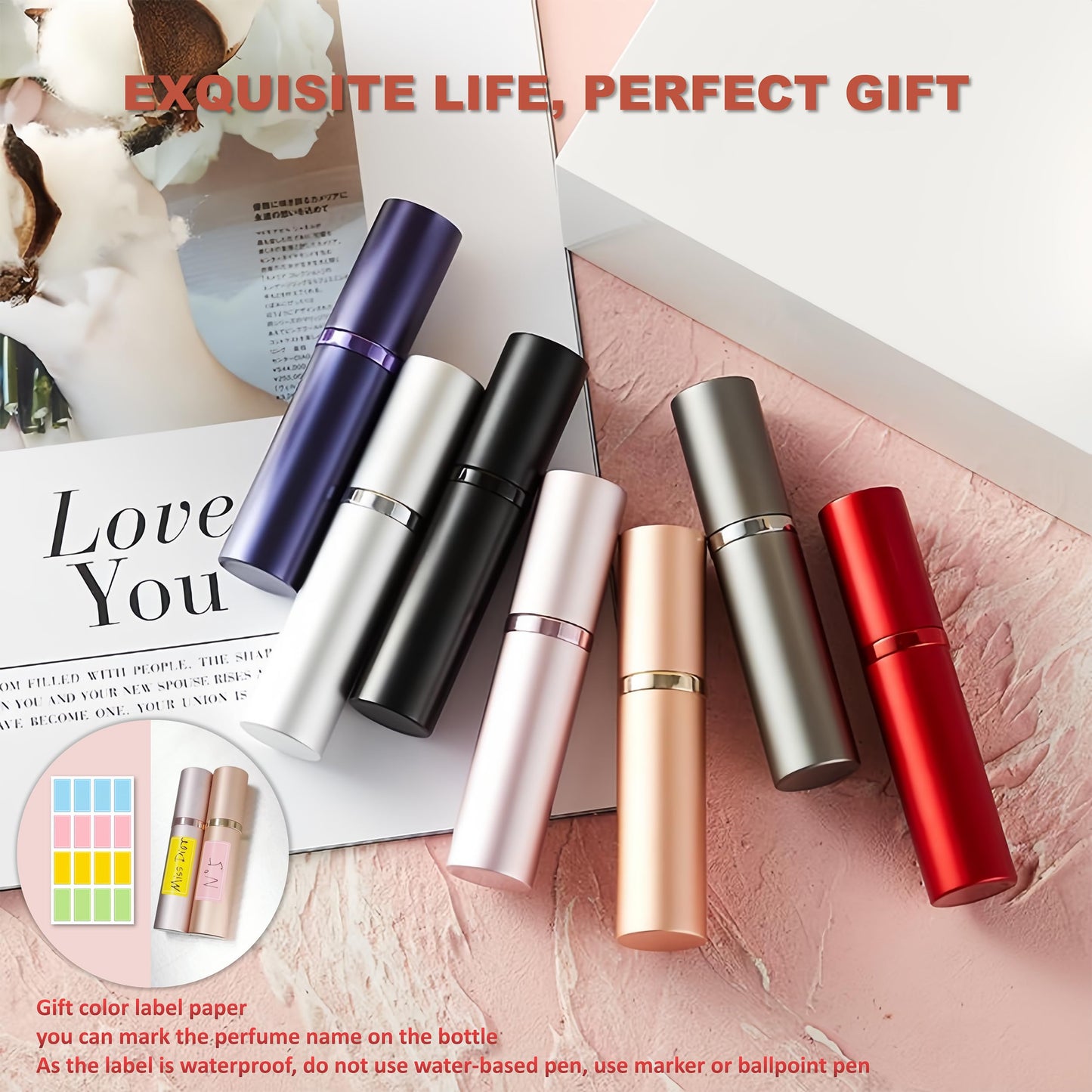 Fiwecos Perfume Travel Refillable Bottle Portable Atomizer Spray Bottle Fragrance Scent Pump Fill from Bottom Mini Pocket Size 5ml for Traveling and Outing (Rose gold + Pink)