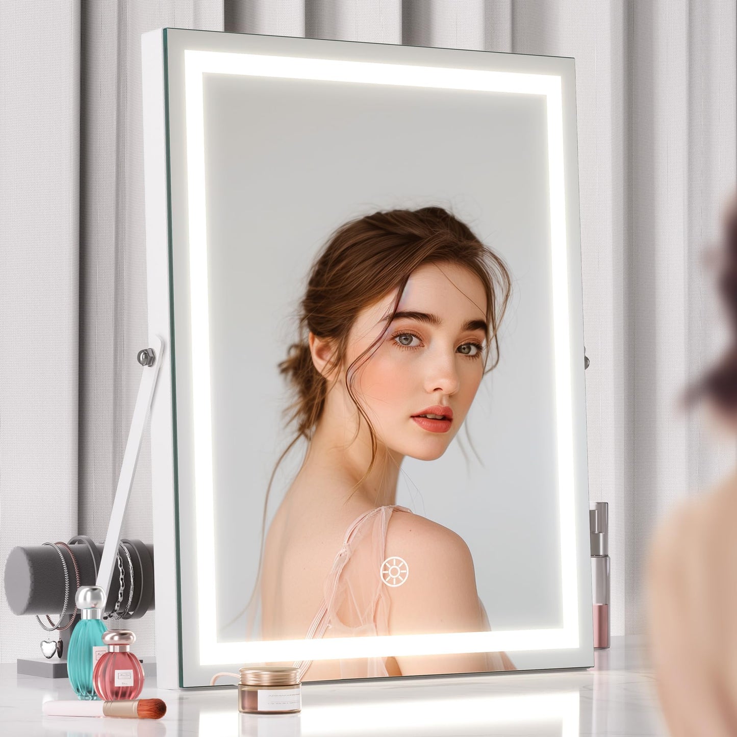 Hasipu Vanity Mirror with Lights and Bluetooth Speaker, 10.6" x 13.8" LED Makeup Mirror with 10X Magnification, Smart Touch 3 Colors Dimmable, Brightness Adjustment, 360° Rotation, White