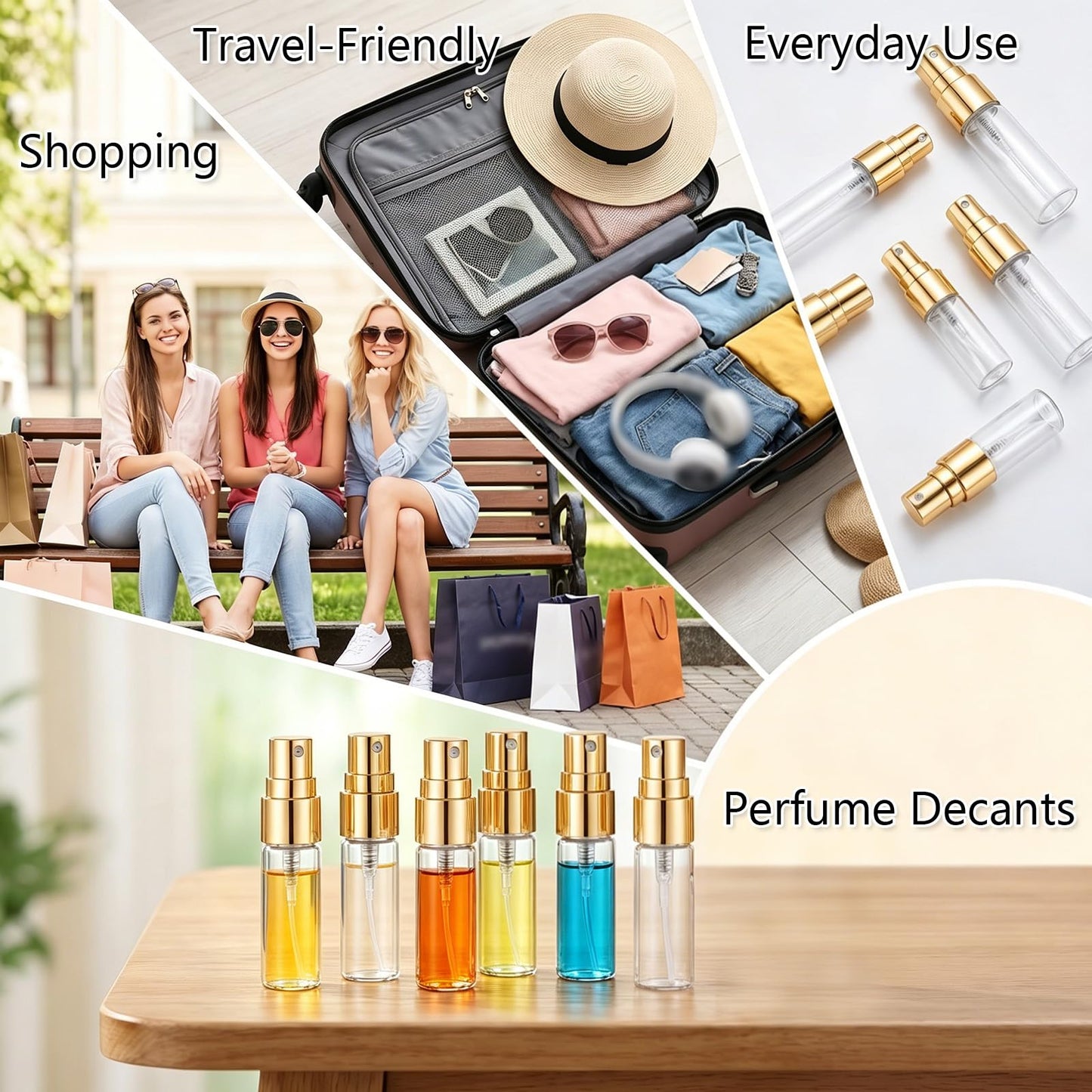 50 Pack 3ml Empty Mini Glass Spray Bottle,Mini Clear Spray Vials Portable Travel Sample Containers Glass Fine Mist Perfume Atomizer Empty Refillable Perfume Bottles with Gold Lids for Cleaning, Travel