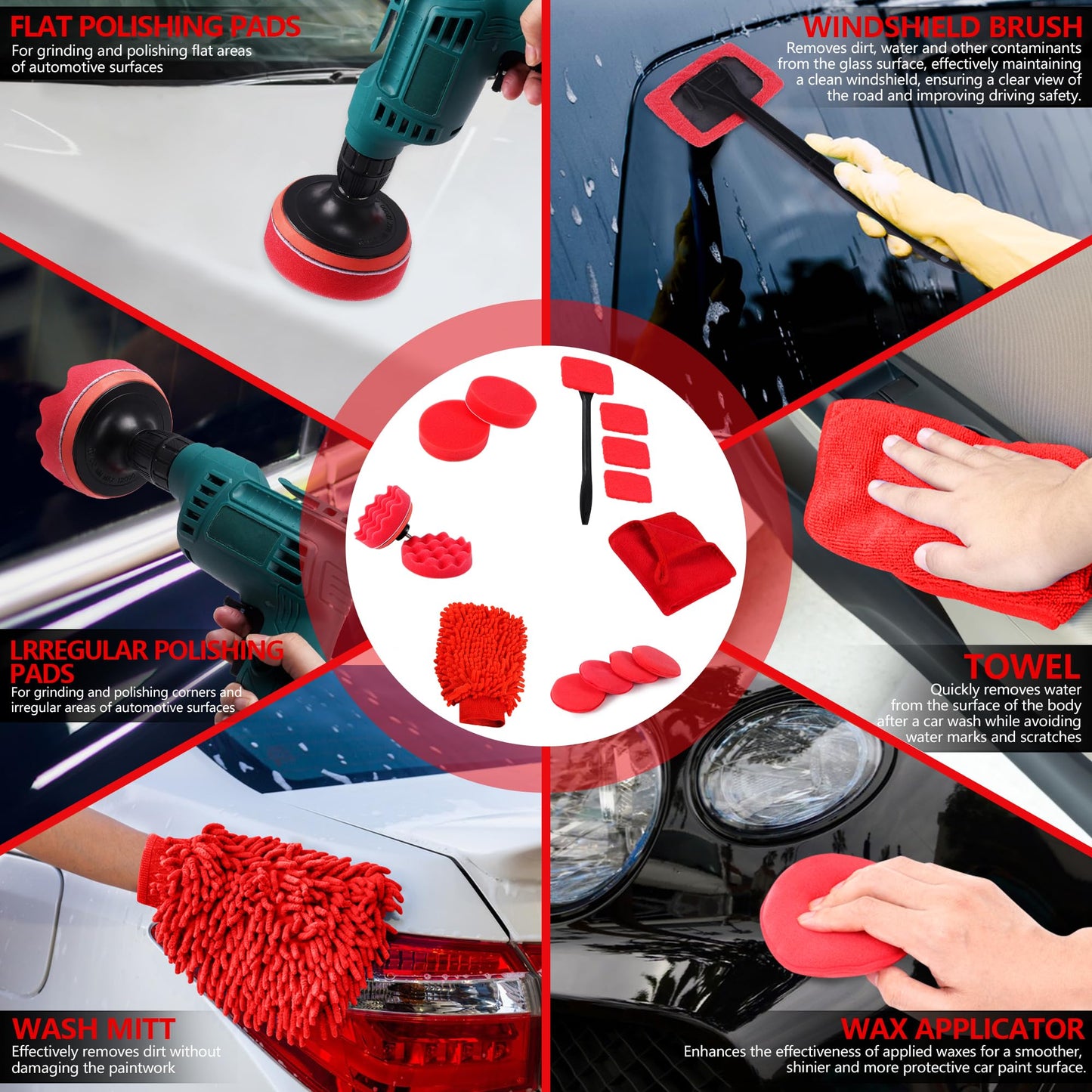 MIANYINGR 35Pcs Car Detailing Kit & Car Cleaning Kit – Windshield Tool, Long Wheel Brush & 2 Angled Brushes, 4 Polishing Pads & 4 Wax Pads – Red Tool Box – Gift for Men (B:35PCS-R)