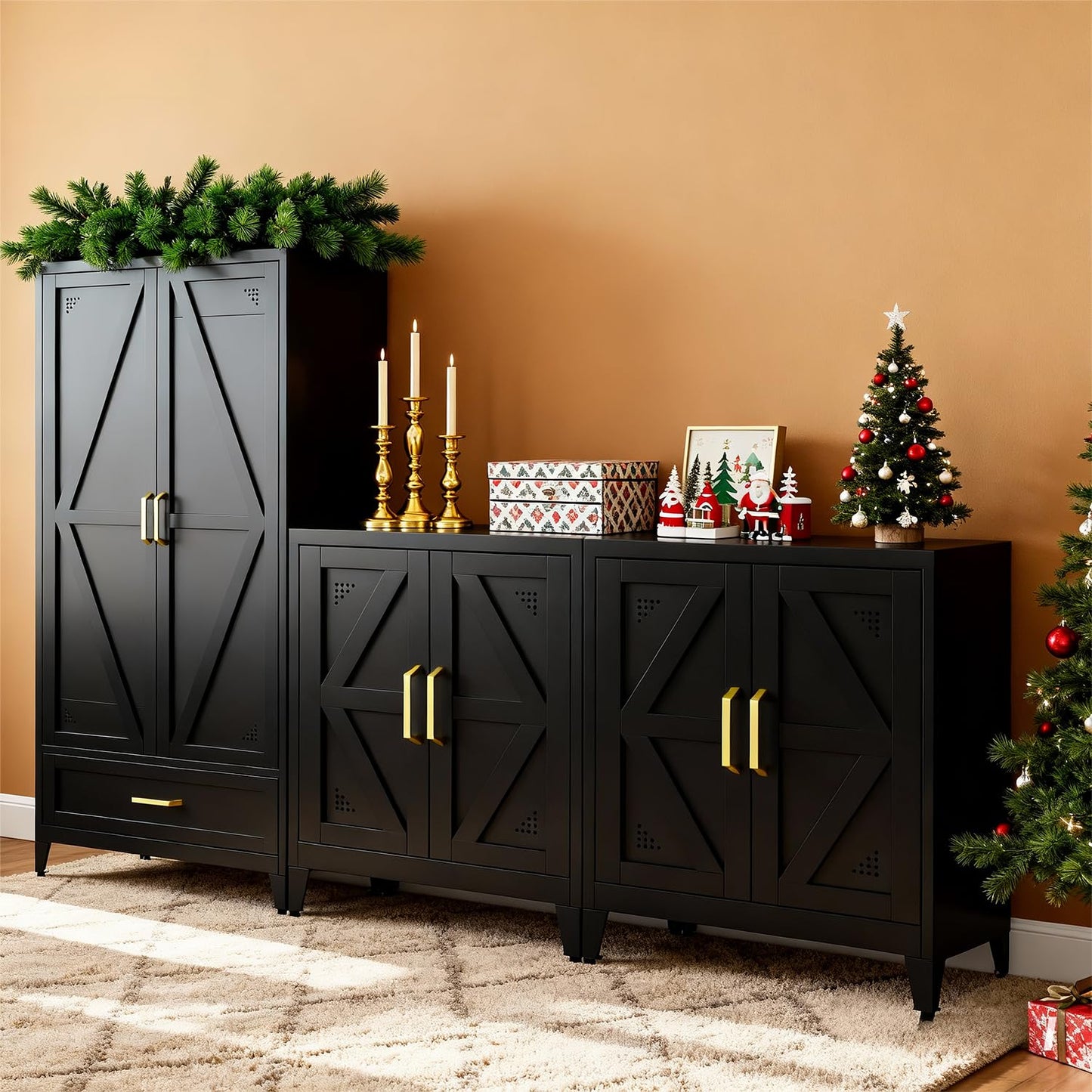 JHYKFG 32" Metal Kitchen Pantry Cabinet,Floor Bathroom Storage Cabinet with 2 Adjustable Shelves,Freestanding Sideboard for Small Spaces, Living Room, Hallway, Dining Room,Black
