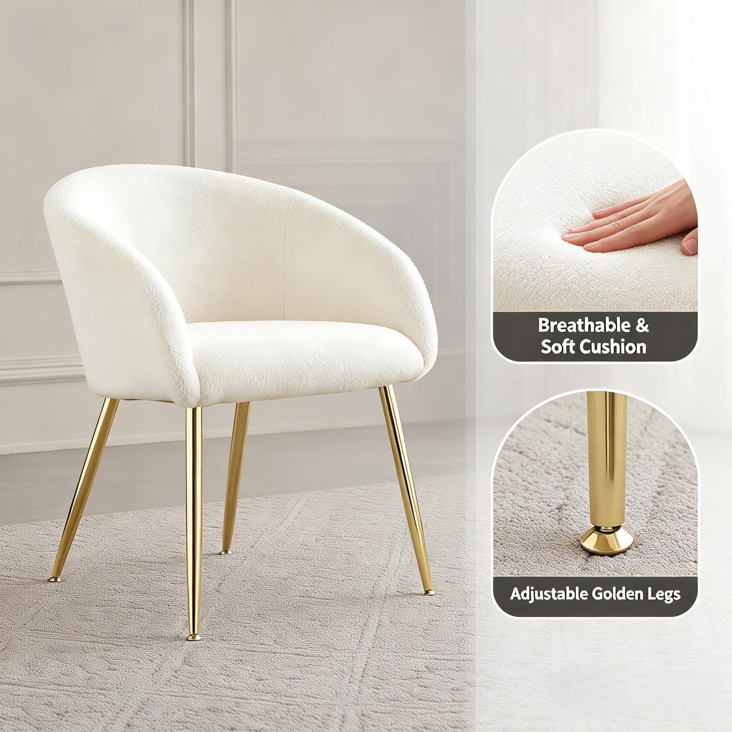 YDcosyfy Modern Small Accent Chair, Comfy Sherpa Makeup Vanity Chair with Golden Metal Legs, Decorative Chair no Wheels for Living Room, Dressing Room, Bedroom, White