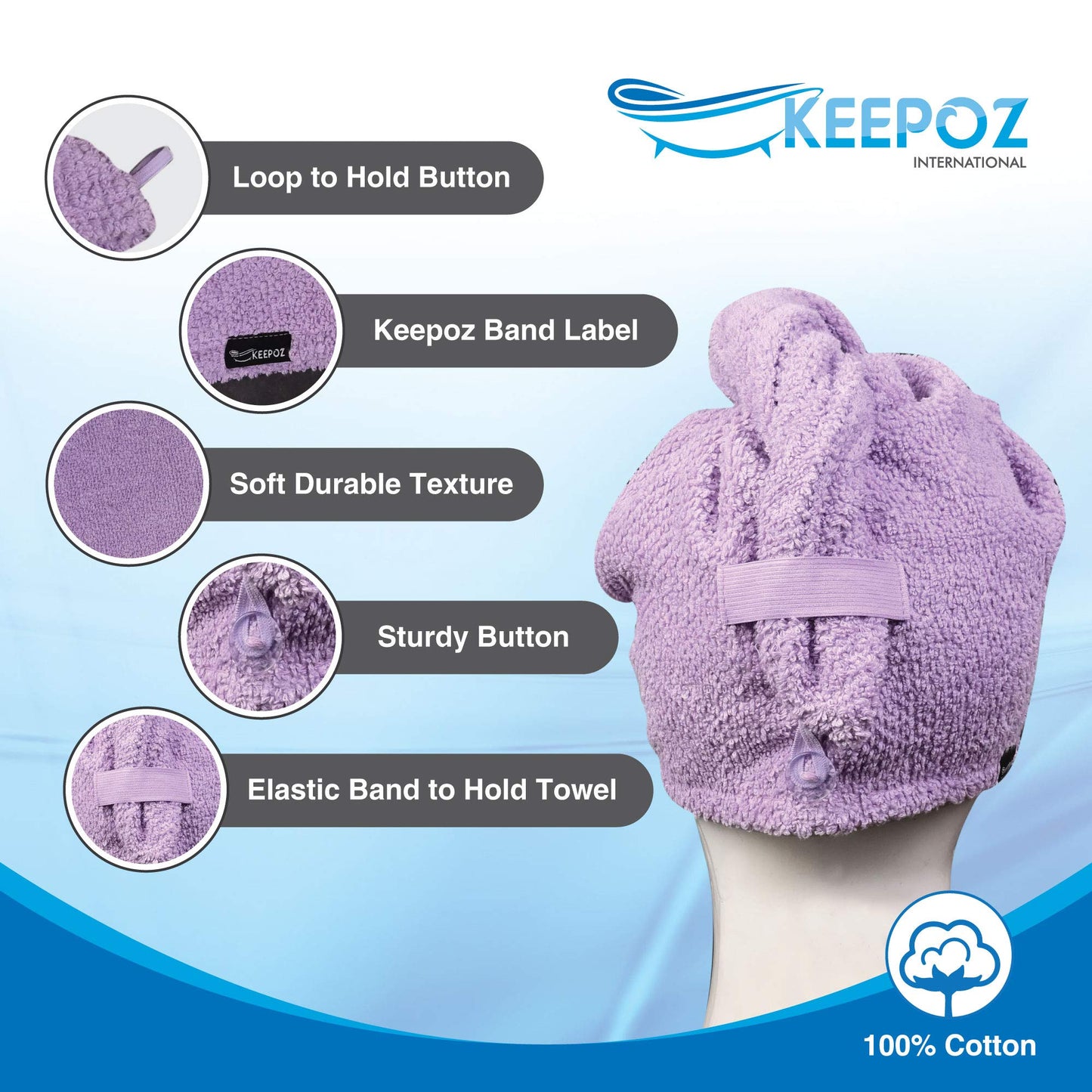 KEEPOZ Hair Towel Wrap Quick Dry 100% Cotton Super Absorbent Turban Head Wrap for Women with Button, Non Microfiber Anti Frizz Products, Hair Cap for Curly, Long (Lilac Pink Check, 2 Pcs)