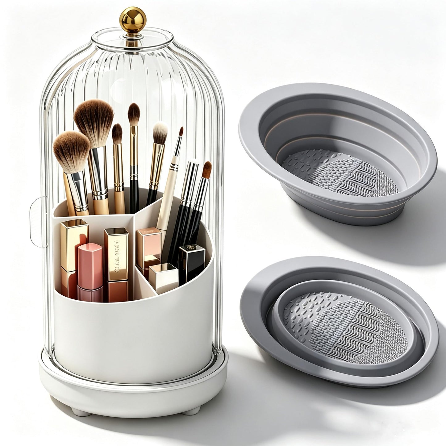 Makeup Brush Holder with Lid Rotating Clear Dustproof Make Up Organizers for Vanity Makeup Brush Storage Box Toothbrush Holders Toothpaste Holder Bathroom Counter Stand Sink Organizer Caddy for Vanity