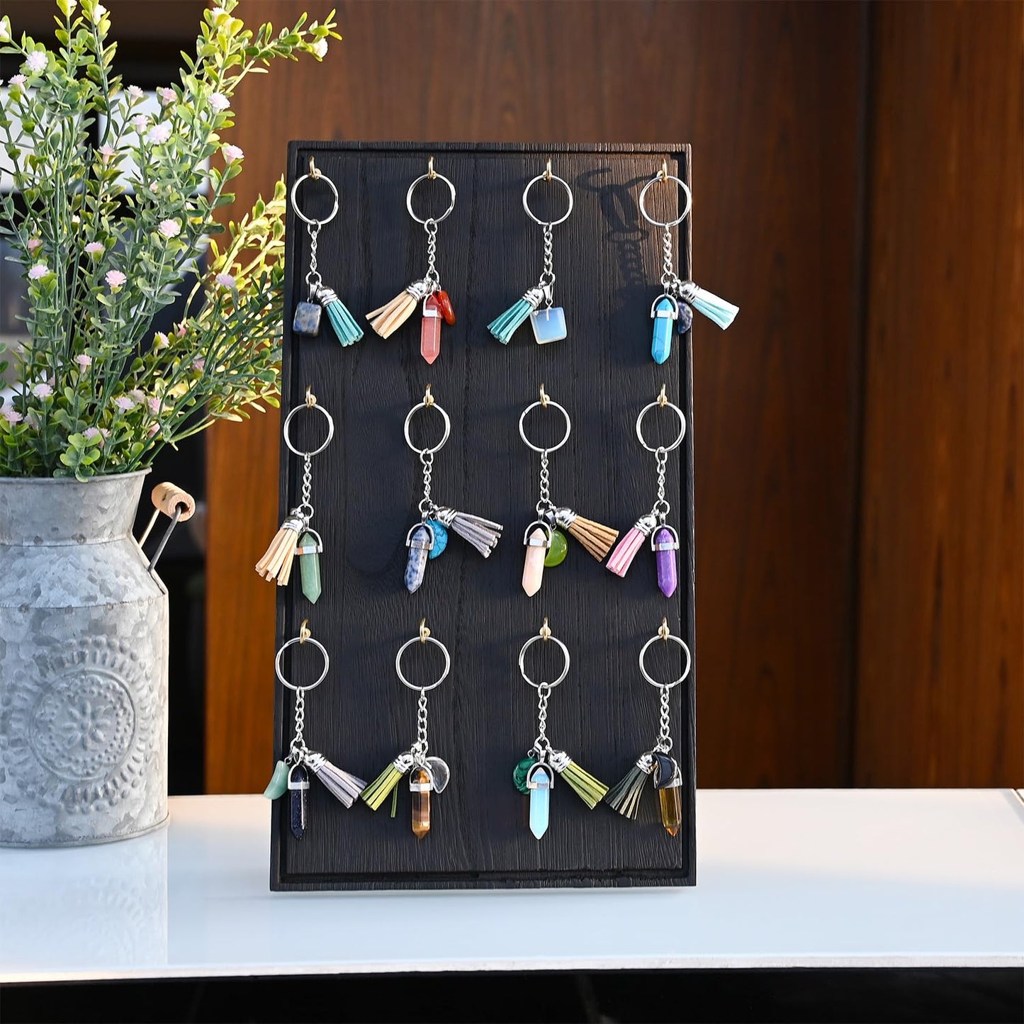 Ikee Design Wooden Jewelry Display Stand with 12 hooks, Earring Display with Hooks, Bracelet, Earring, Keychain Stand for Selling,7.8W x 7.8D x 15.9H in, Black Color
