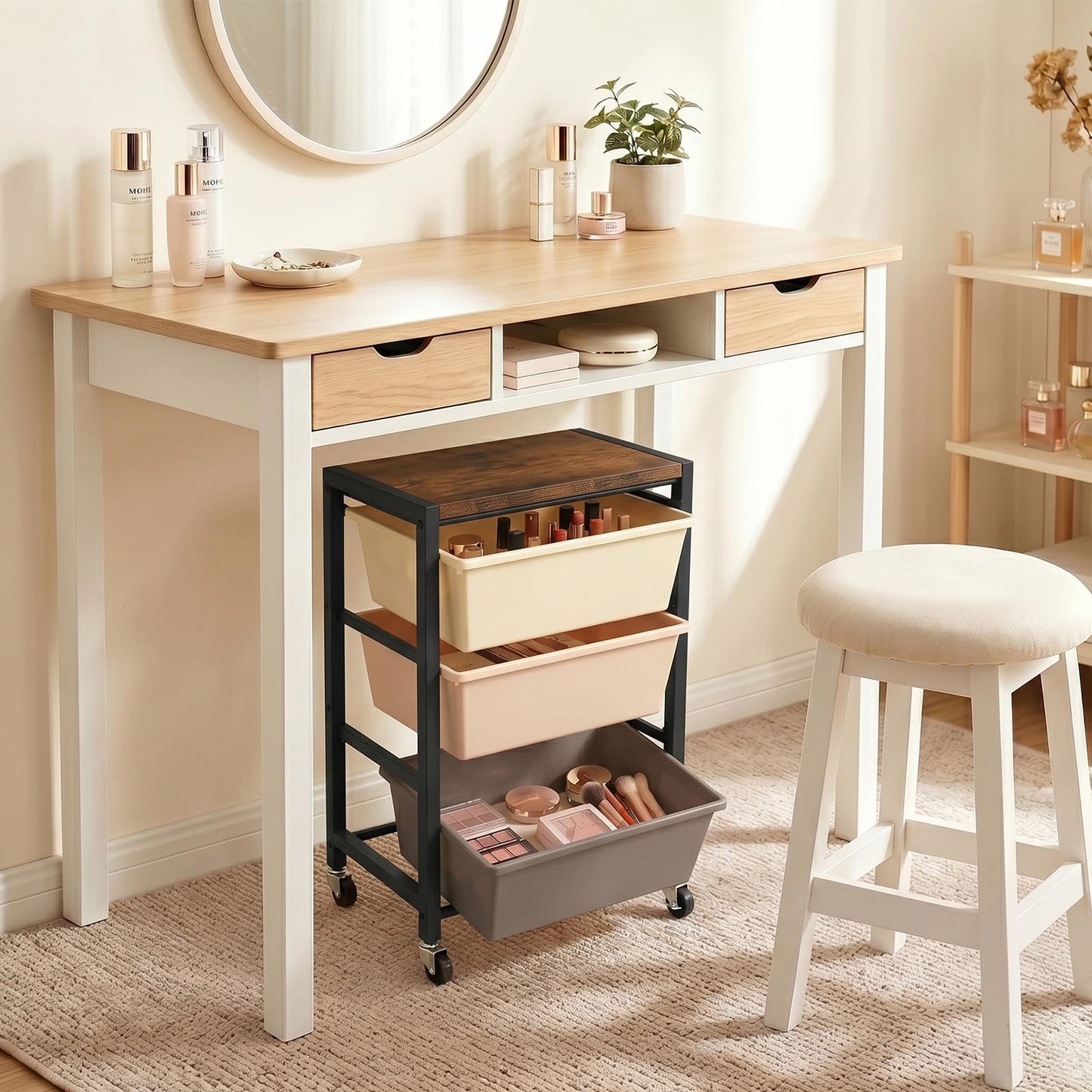 Rolling Cart with 3 Drawers, Plastic Drawer Storage Carts with Lockable Wheels & Wooden Tabletop, Metal Art Craft Utility Cart Organizer for Home Office Bedroom Dorm Bedside Classroom, Dark Brown