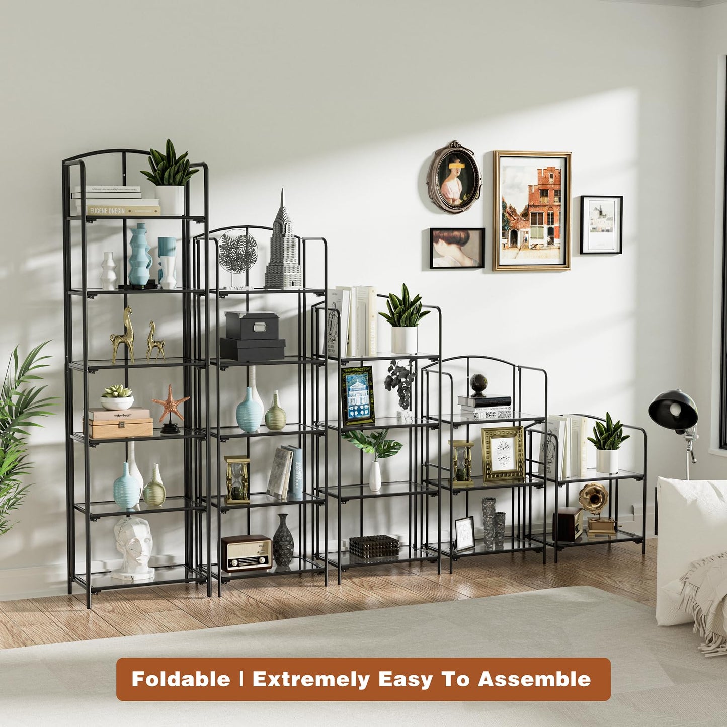 Crofy 3-Tier Foldable Bookshelf, Black Frame & Transparent Shelves