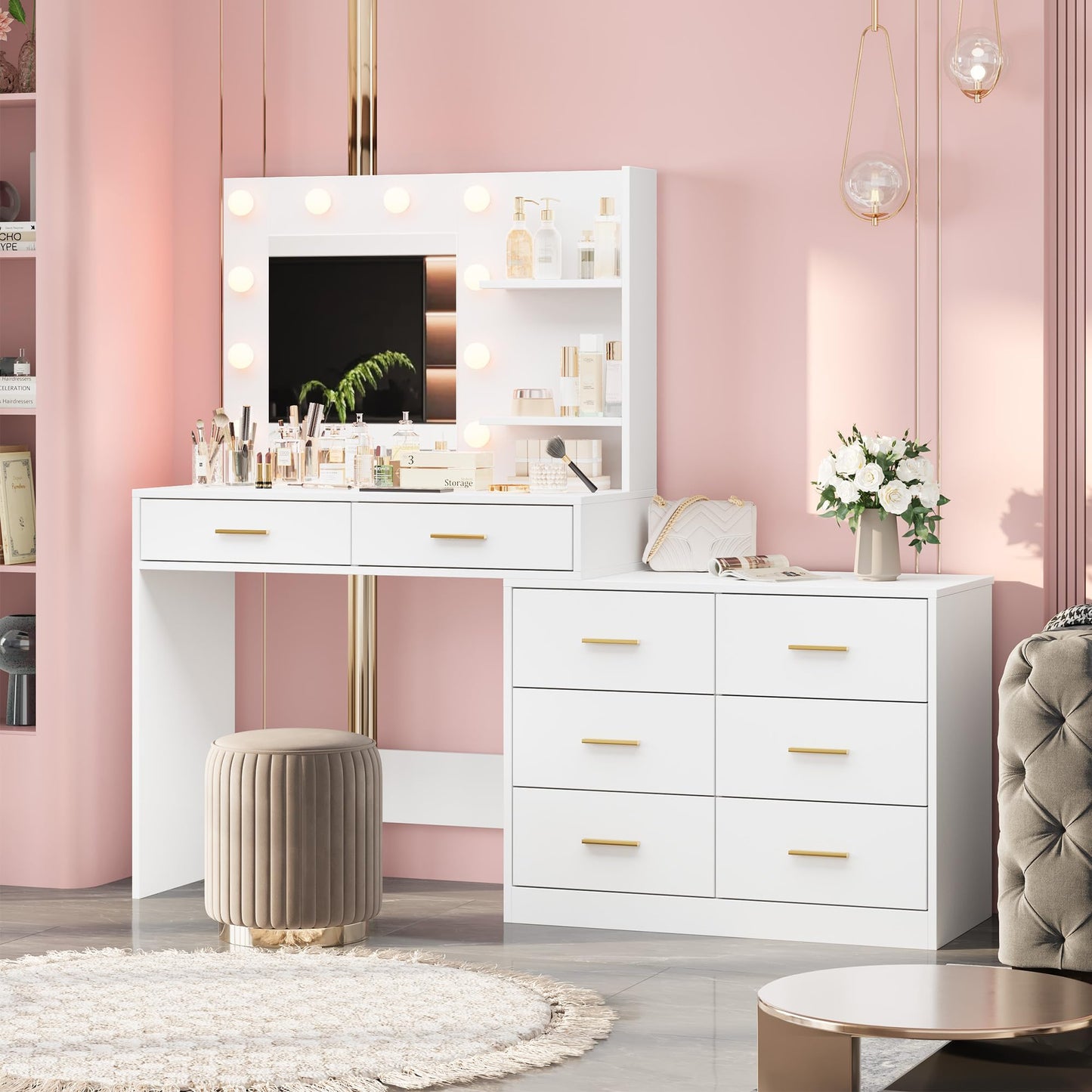 GarveeHome 61 in Make Up Vanity Desk with Mirror and Lights, White Vanity with 8 Wide Storage Drawers & 2 Tier Shelves, 3 Lighting Modes with Adjustable Brightness for Bedroom