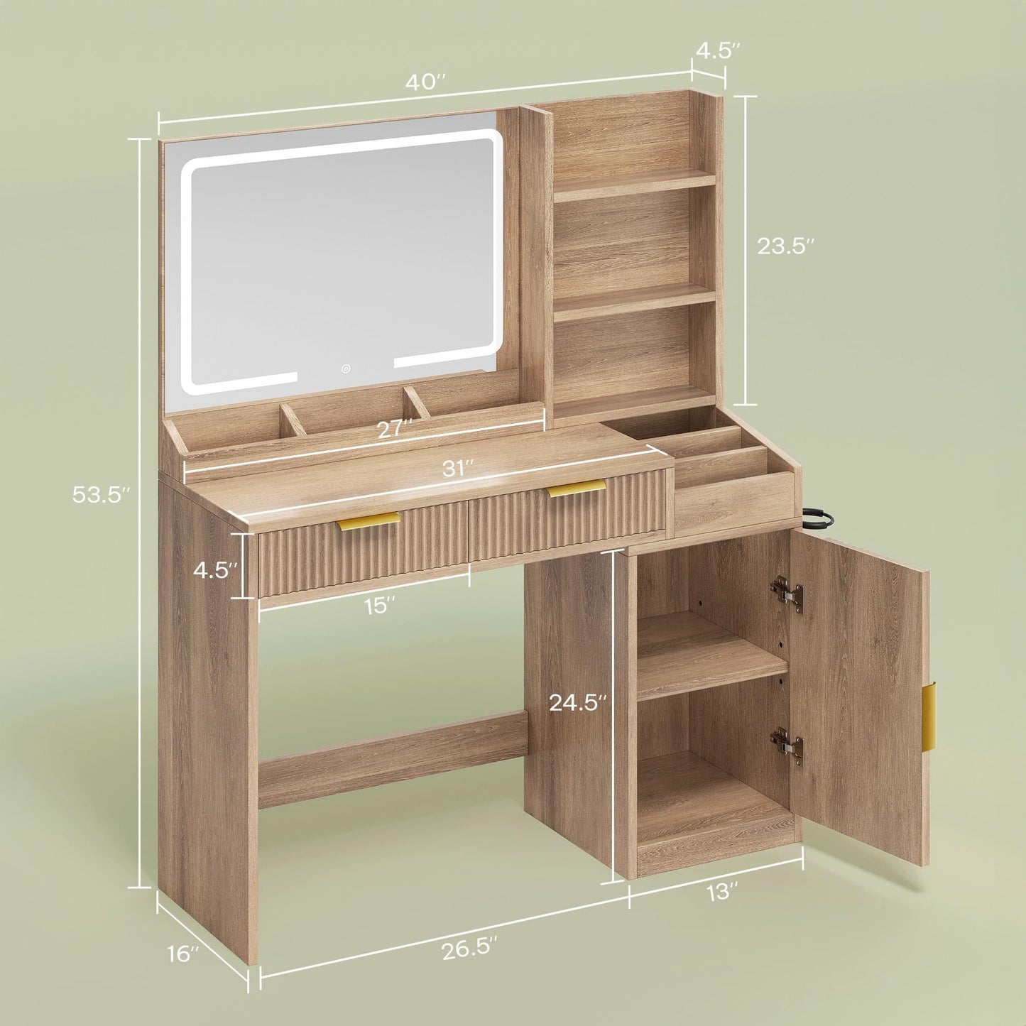 YITAHOME Large Makeup Vanity Desk with Mirror and Lights, Fluted Vanity Table with 2 Drawers & Adjustable Shelves, Makeup Mirror in 3 Modes Lighting, Dressing Table Set w/Charging Station, Oak
