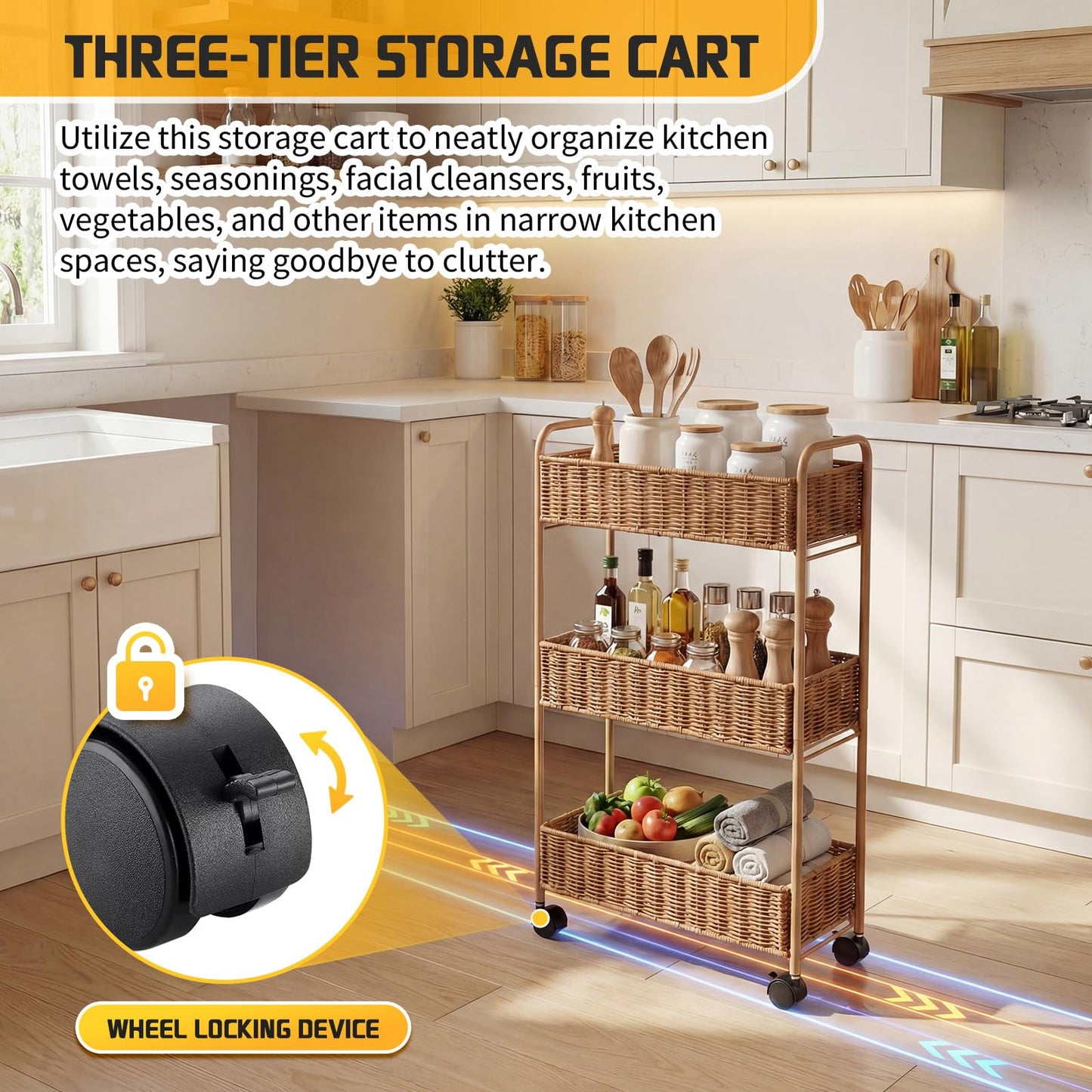 FOCHIER F Utility Slim Storage Cart,3-Tier Rolling Kitchen Office Laundry Room Cart,Mobile Shelving Unit Organizer for Living Room Bathroom Baby Diaper Narrow Places (Natural, 3 Tiers-7.1 inch (W))