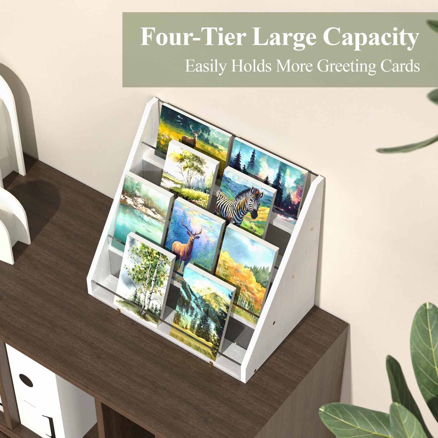 NiHome 4-Tier Bamboo & Acrylic Greeting Card Display Stand for Cards, Photos, Postcards - Stylish Showcase Organizer with High-Transparency Panels for Home, Wedding, Birthday Decor & Keepsakes (White)