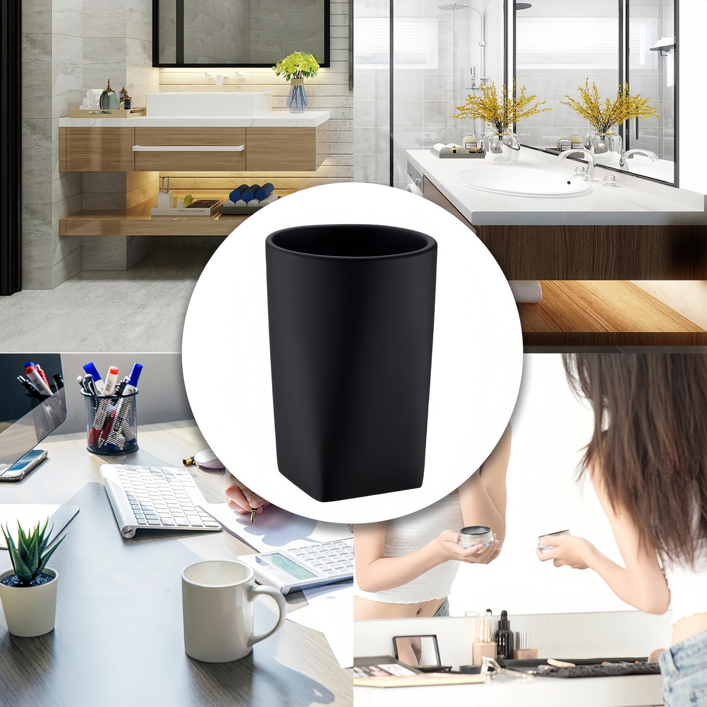 JINCROP Resin Matte Black Bathroom Tumbler Cup Holder - Modern Design for Bathroom/Office, Holds Toothbrushes, Make-up Brushes