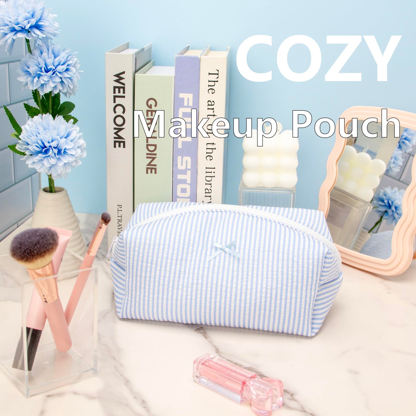 PAZIMIIK 6PCS Cozy Makeup Bag SET Travel Cosmetic Bag for Women Soft Toiletry Bag Aesthetic Makeup Organizer Portable Large Zipper Pouch for Skincare Beauty Accessories Brushes Stripe Blue