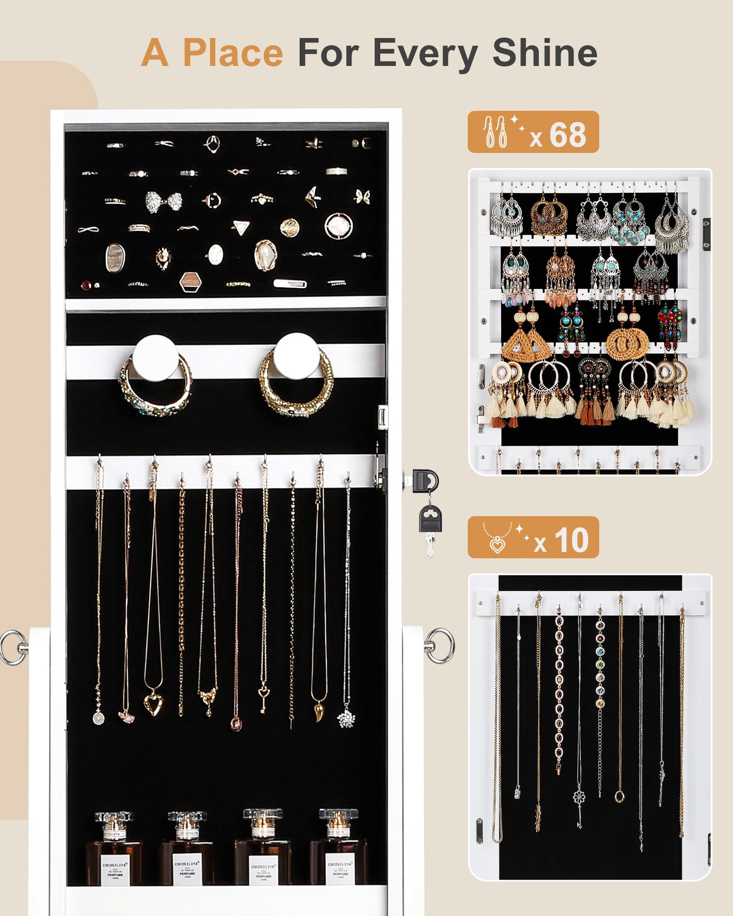 Nicetree Jewelry Cabinet Armoire, Freestanding Jewelry Armoire Organizer with Full-Length Mirror, Lockable Jewelry Storage Cabinet, Frameless Mirror, 3 Adjustable Angles, Moon White