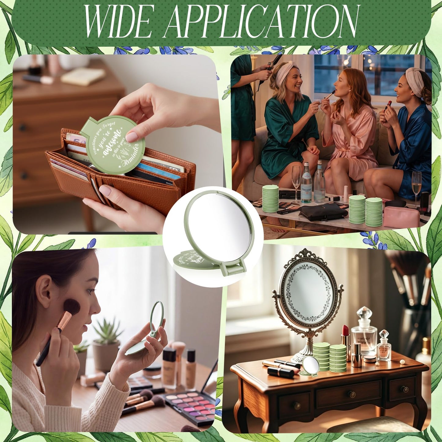 Wenqik 100 Pcs Inspirational Mini Compact Mirrors Bulk, Women Small Gifts Bulk, Group Team Party Favors, Mini Pocket Purse Mirror for Travel, Client, Guest, Wedding, Birthday, Cheerleader (Sage Green)