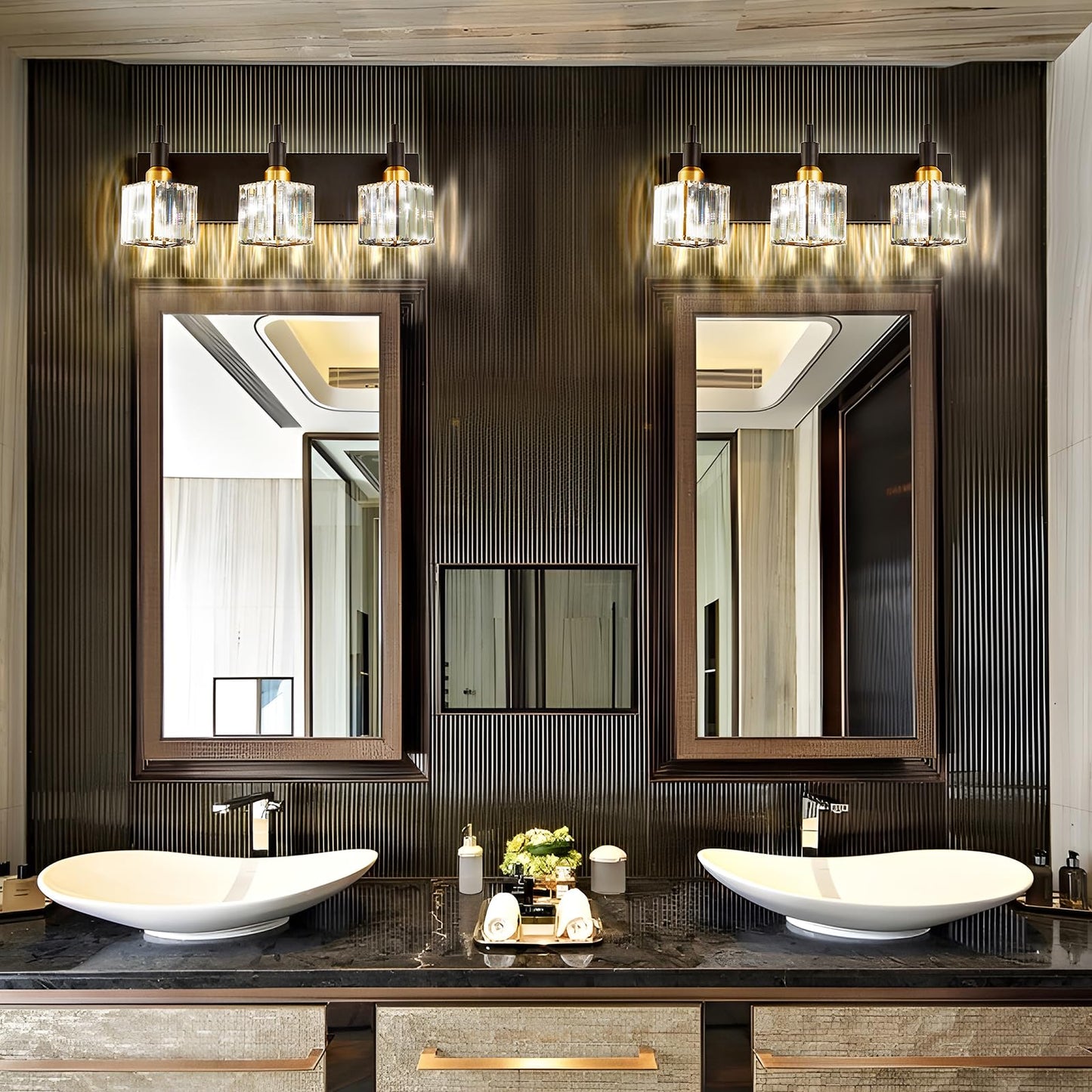 HUOKU Modern Crystal Bathroom Vanity Light 3-Light Brass Wall Light Fixtures Over Mirror Black and Gold Vanity Lighting for Bathroom Square Shade Brass Wall Sconce