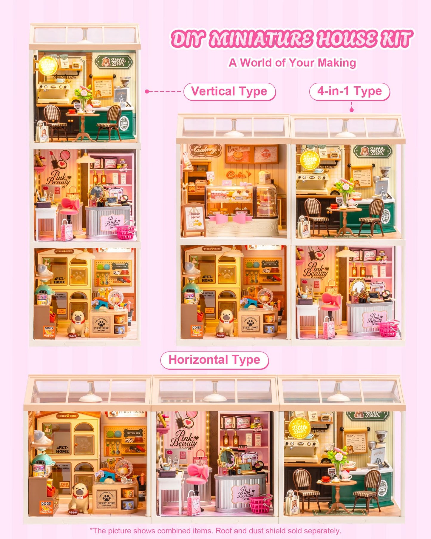 Rolife Super Creator Pink Beauty Secret DIY Miniature House Kit - No Glue Plastic Click-Assembly Dollhouse with Type-C LED Light - Stackable Room Box Toy for Adults and Teens (115 PCS)