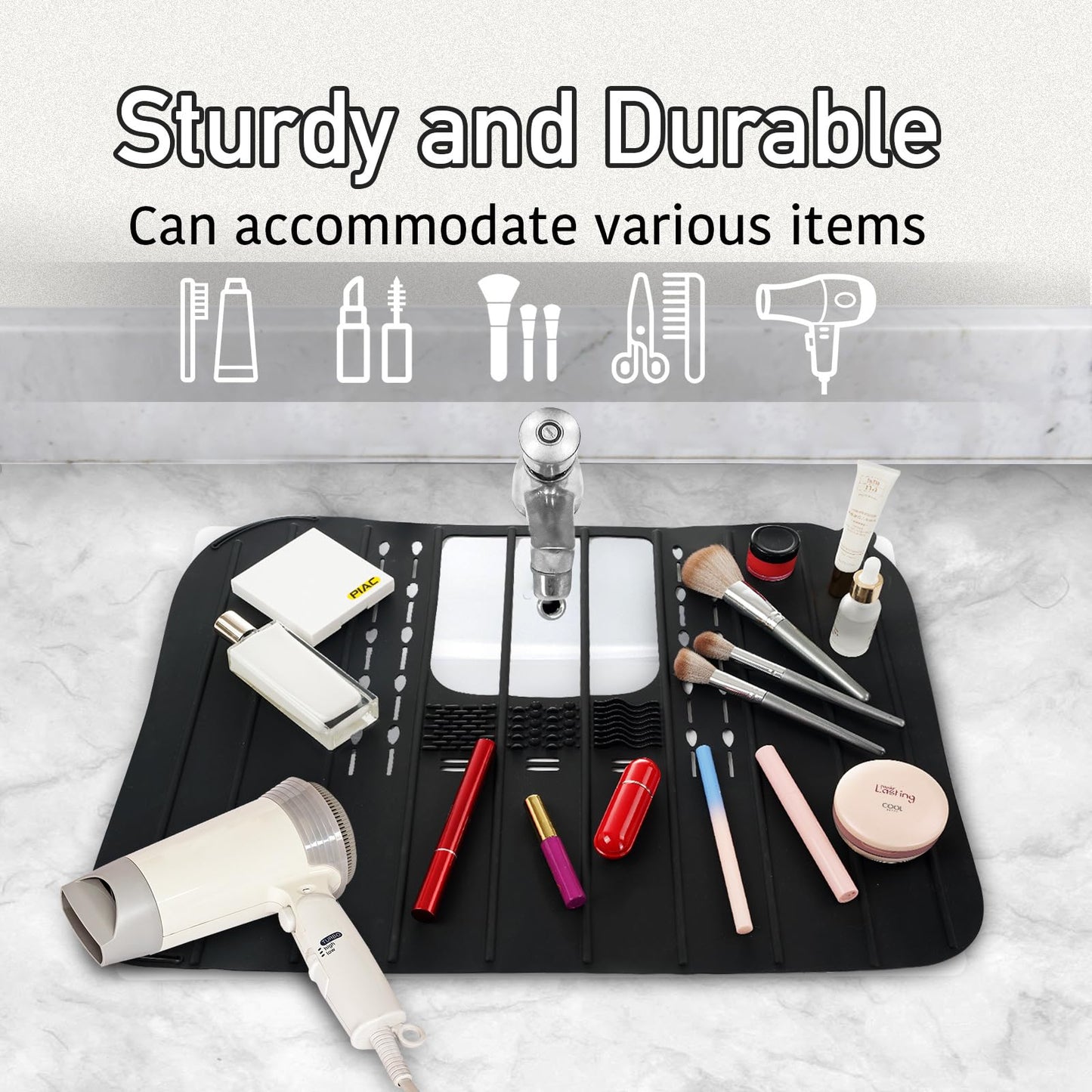SFBBCLOZ Bathroom Sink Top Cover For Counter Silicone Beauty Makeup Brush Cleaning Mat Multi-Functional Foldable Storage Countertop Mat Black