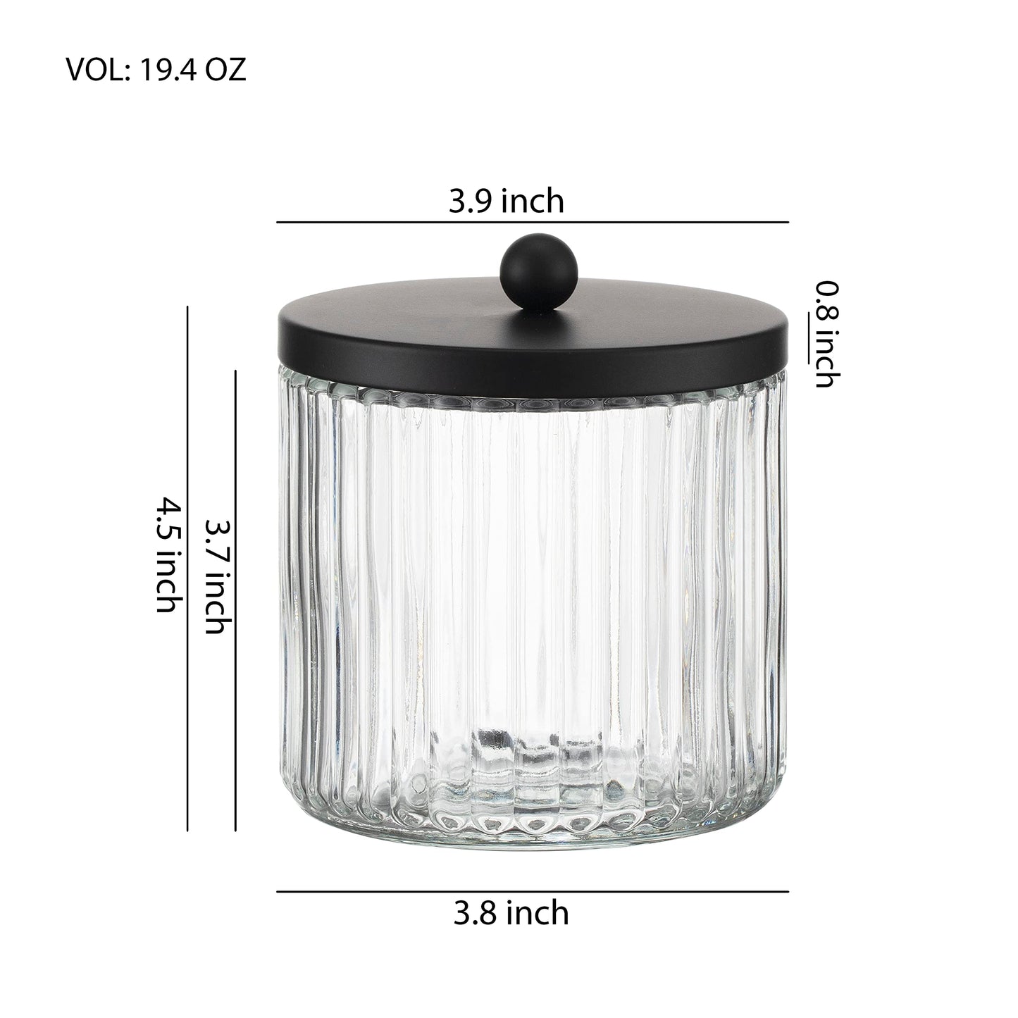 KMwares 2-Pack Glass Qtip Holder Dispenser Set - Bathroom Canister Storage Organizer for Cotton Balls, Swabs, Floss Picks, and Makeup Sponges with Matte Black Metal Lid - Clear Vanity Apothecary Jars