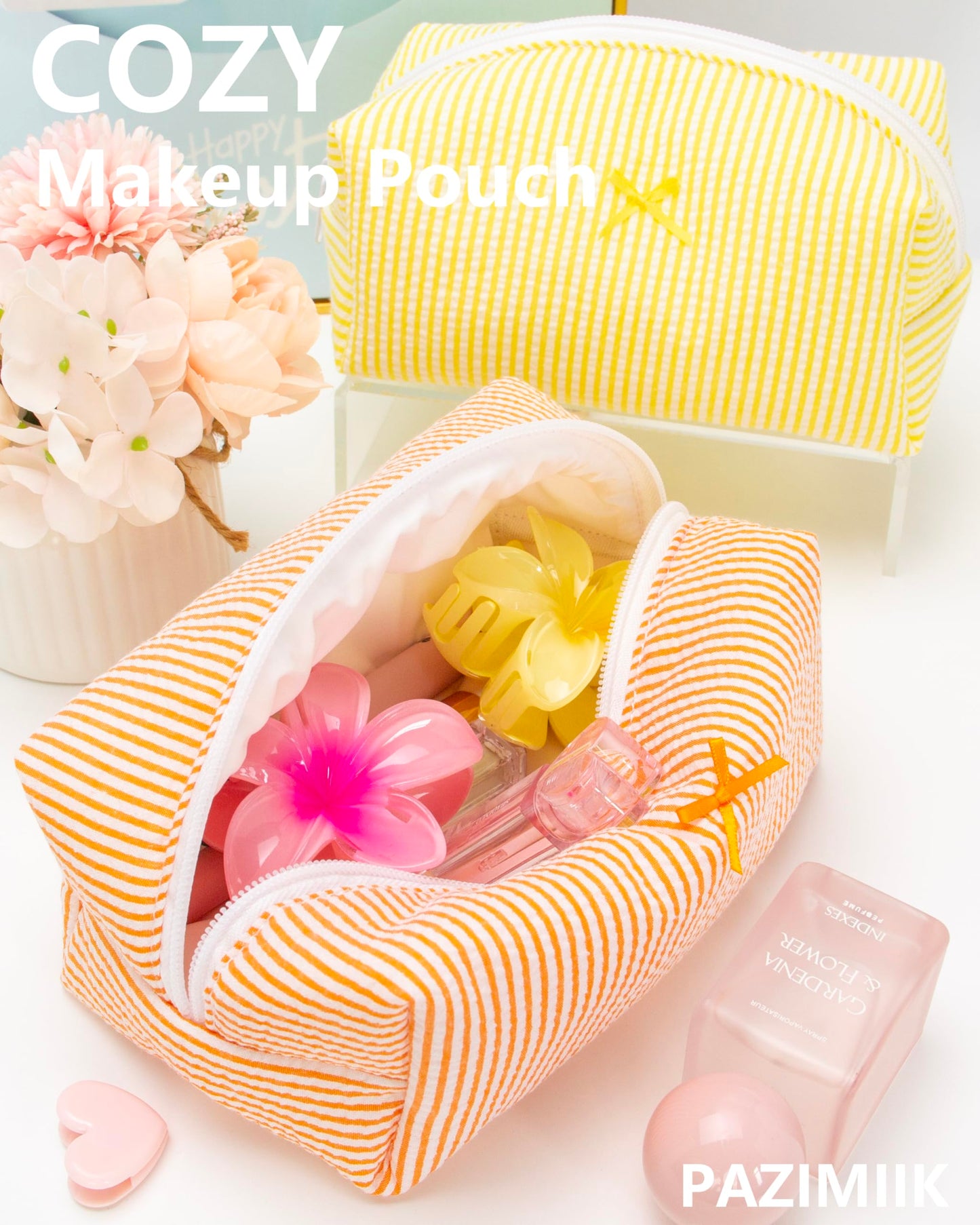 PAZIMIIK 6PCS Cozy Makeup Bag Small Aesthetic Travel Zipper Cosmetic Pouch for Women Make Up Beauty Accessories Brushes, Stripe Orange