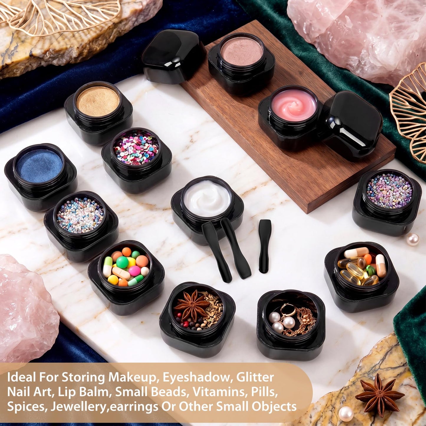 Meanplan 12 Pack Black Travel Jar Containers, 1oz Black Cosmetic Containers with Lids & Spatulas, Lotion Jars Leak-proof with Inner Liners, Portable Makeup Sample Pots for Creams, Lotions, Ointments