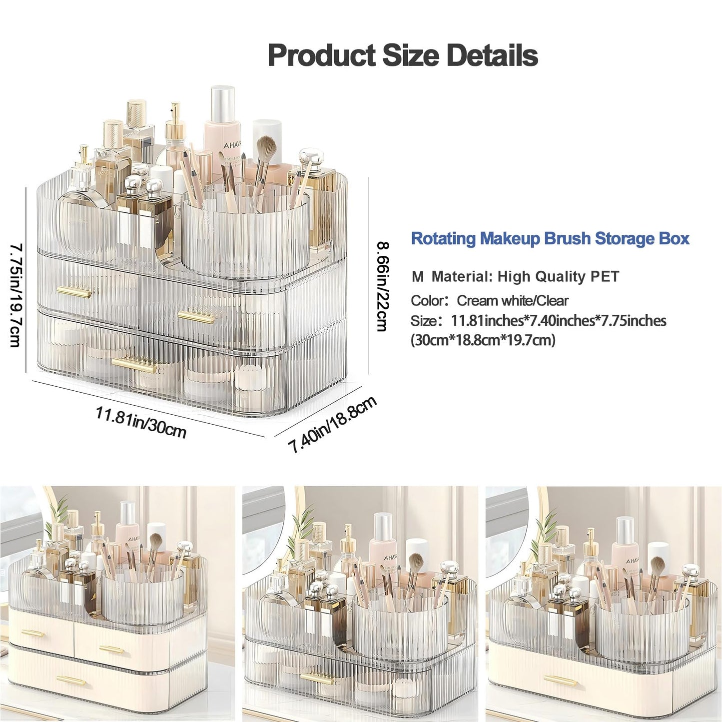 DASITON Makeup Organizer with Drawers and Rotating Makeup Brush Holder,Large Capacity Stackable Cosmetic Organizer Countertop,Bathroom Organizers and Storage,Make up Organizers for Vanity (Clear 03)
