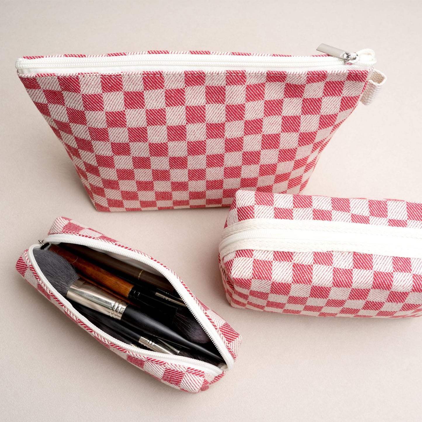 Beayuva 3 Pcs Canvas Makeup Bag Set Checkered Cosmetic Pouch for Women Travel Toiletry Bag Cute Makeup Organizer Purse Pouch Preppy Pencil Case with Zipper (Checkered Blue)