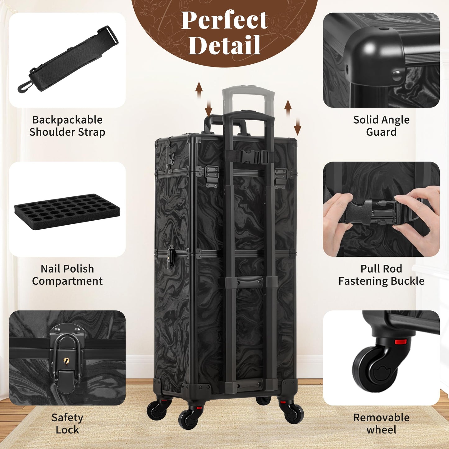 AROUS Rolling Makeup Case with 3 Drawers, Cosmetology Case on Wheels 5 IN 1 Makeup Train Case Make Up Organizer for Artist Salon Nail Teach Trunk,Ink