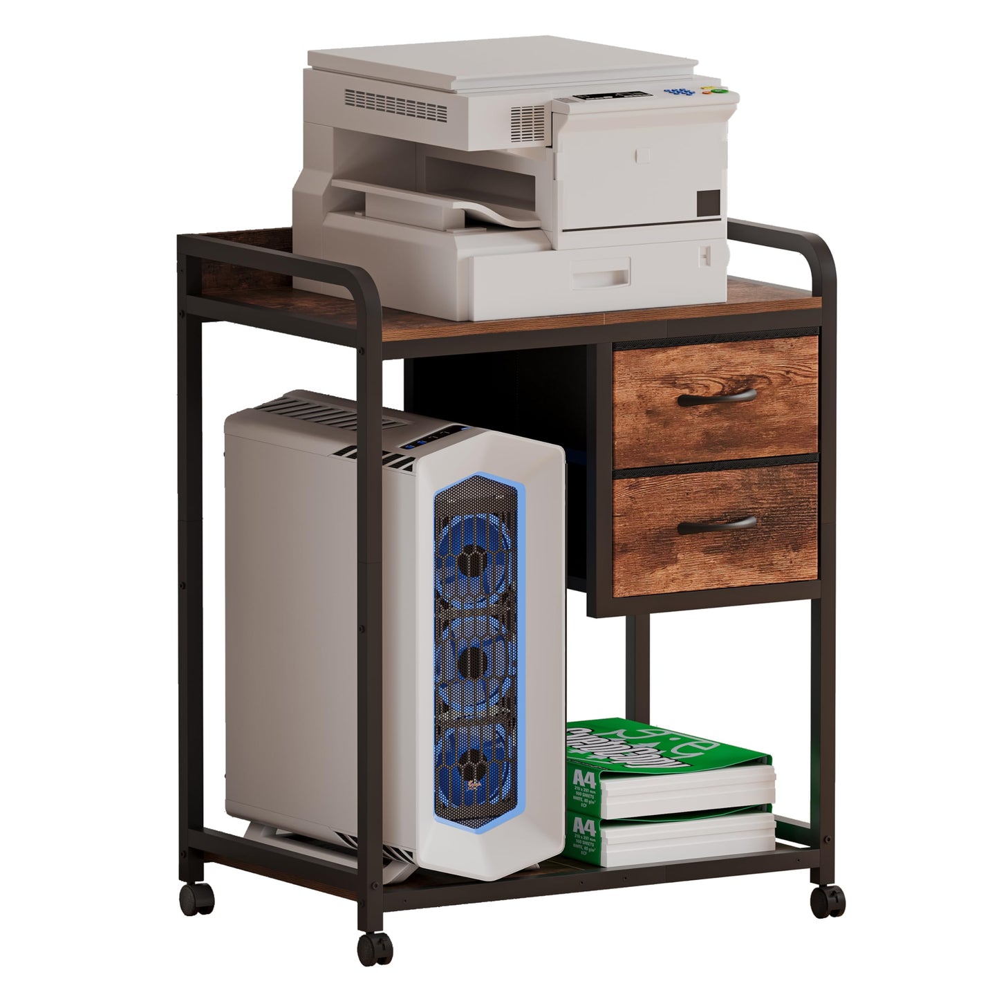 Unionly Large Printer Stand with 2 Fabric Drawers, Mobile Printer Table with Wheels and Computer Tower Slot for Home Office Storage and Organization, Rustic Brown (Rustic Brown)