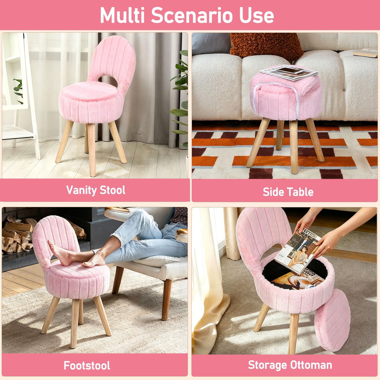 Small Vanity Stool Chair with Storage & Folding Back, Faux Rabbit Fur Soft Padded Seat Ottoman, 4 Solid Wood Legs Anti-Slip Feet, Stool for Vanity Desk for Makeuproom, Bedroom 12.9”x11.8”x27.9”(Pink)