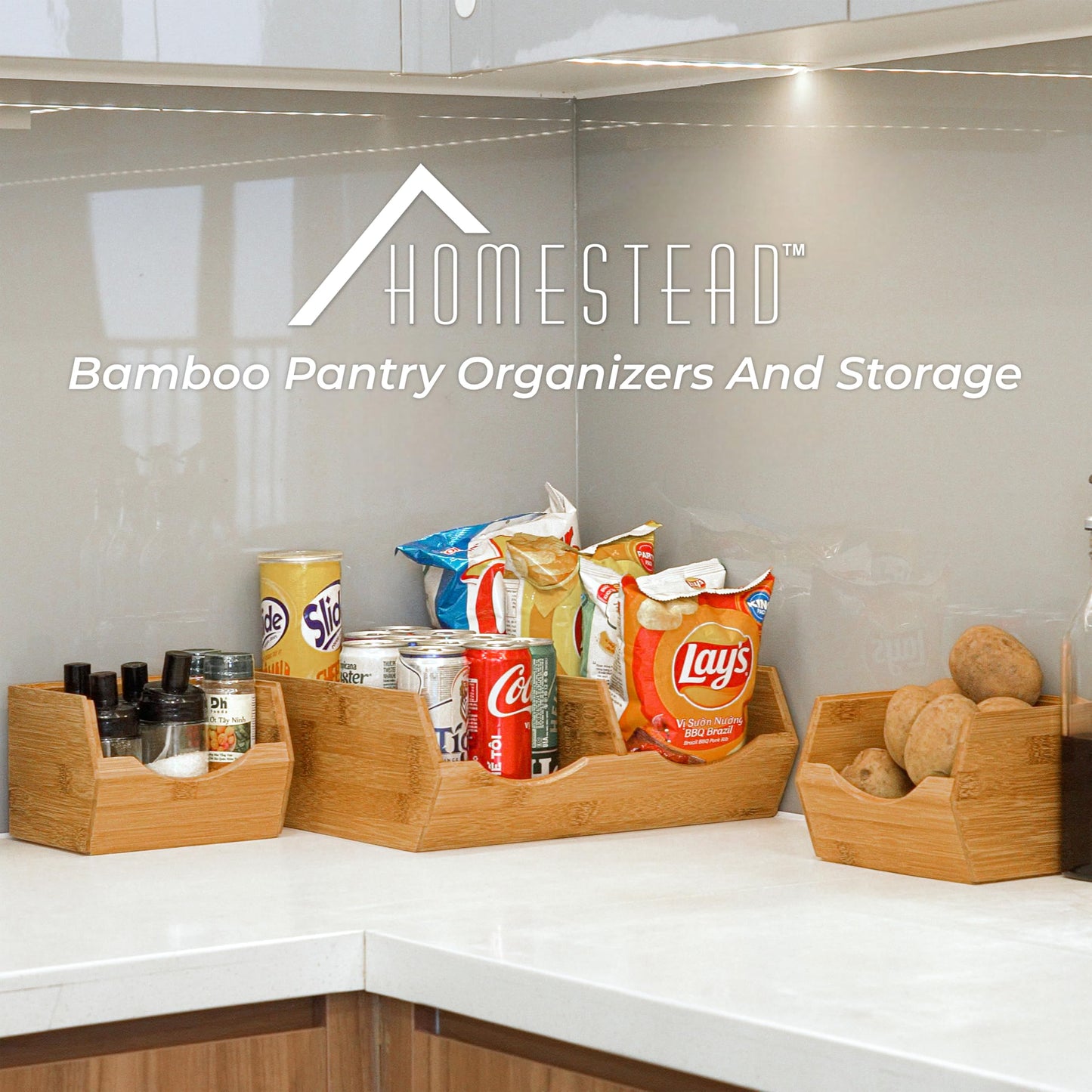 HOMESTEAD Bamboo Pantry Storage Bins β Stackable Potato & Onion Storage Bin for Kitchen Countertop, Pantry Organizer, Fruit Vegetable Basket, Multiuse - Set of 3 Slide-Out Access