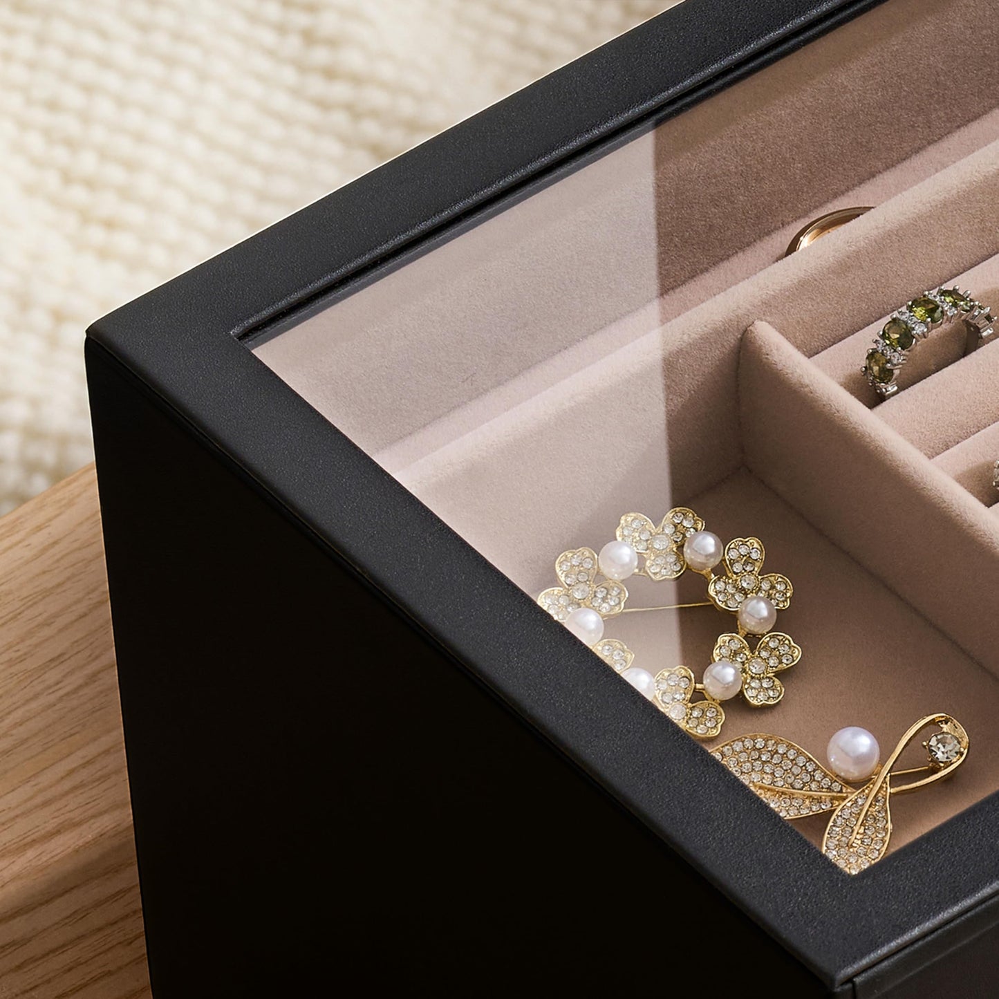pickpiff Jewelry Box Organizer Case for Women: 4-Layer Jewelry Storage Case with Glass Window, Black Leather with Blush Velvet, Holder for Ring Necklace Bracelet Brooch Watch, Great Gift for Her