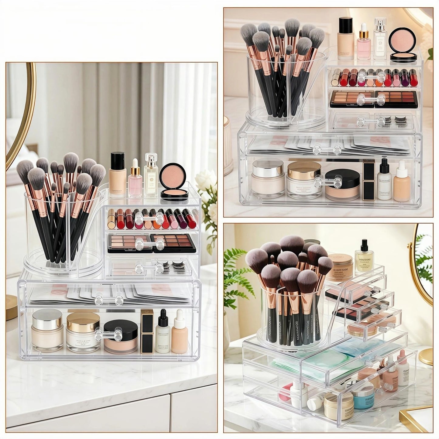 Mjepludh Clear Acrylic Makeup Organizer Countertop 360° Rotating & Removable Storage Tower, 5 Drawers Vanity Organizer for Lipstick, Brush, Skincare Makeup Storage for Dresser, Bathroom or Desk