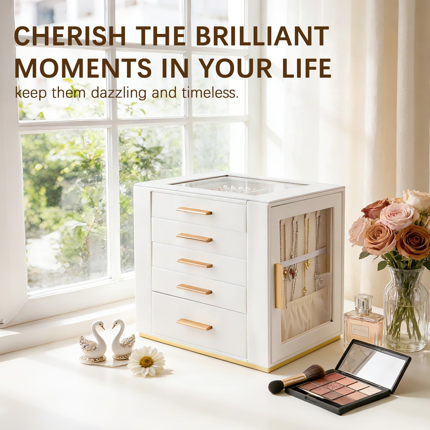 Homeanda Jewelry Box for Women with Glass Lid, 5 Drawers Jewelry Organizer and Storage for Necklaces, Rings, Earrings, Bracelets, Gift for Girls and Teens,PU Leather (White)