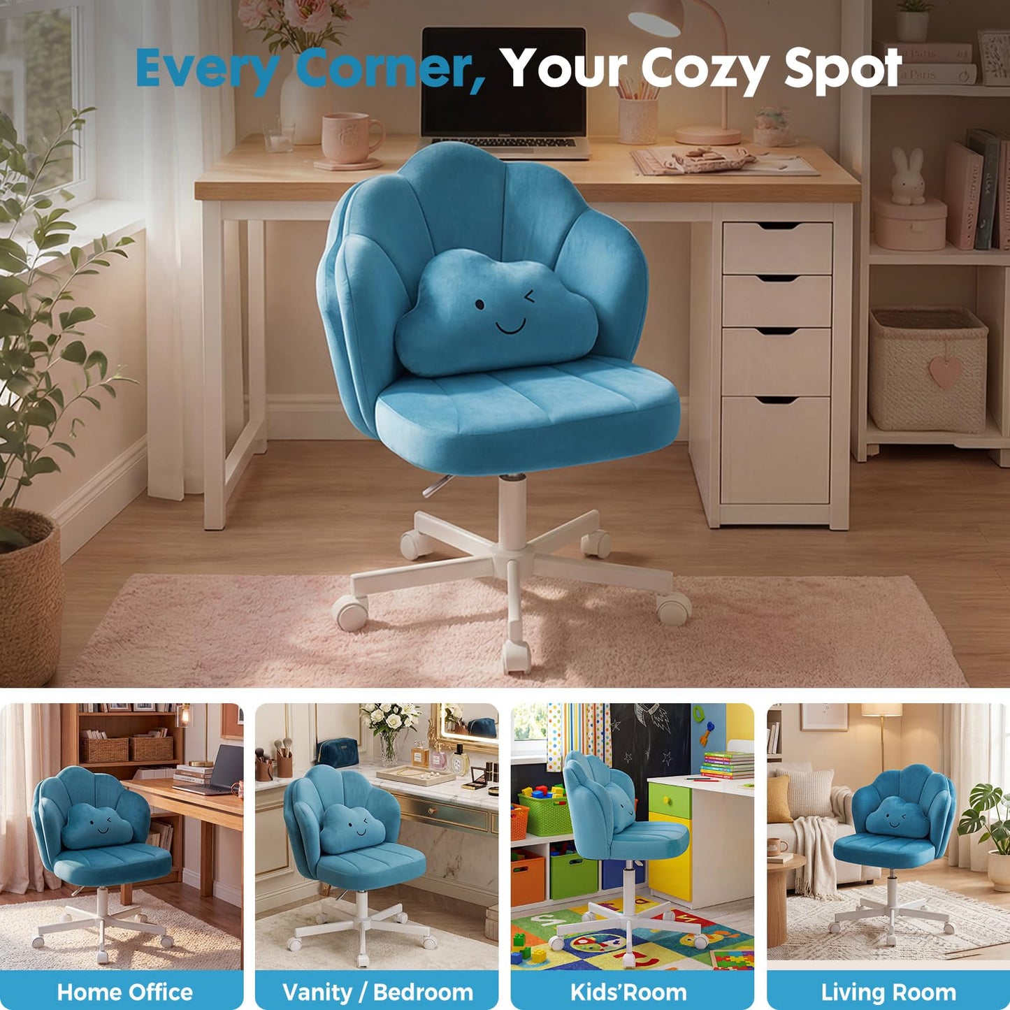 COMHOMA Petal Vanity Chair with Wheels, Cute Desk Chair for Girls Women, Upholstered Home Office Chair with Backrest, Height Adjustable Armless Swivel Chair for Bedroom, Velvet, Blue