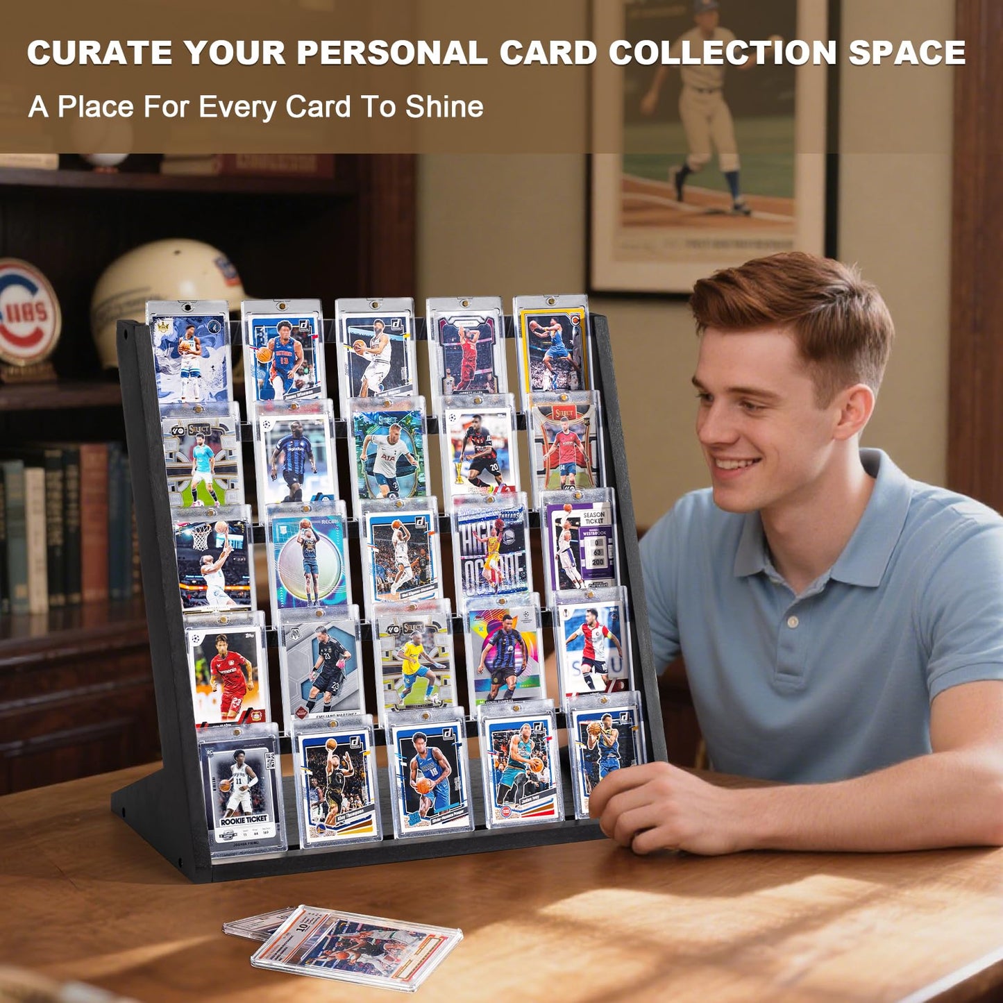Emfogo Trading Card Display Stand, 5 Tier Sports Graded Card Display, Wooden Trading Card Display Stand for Sports Card Collection & Show, Black
