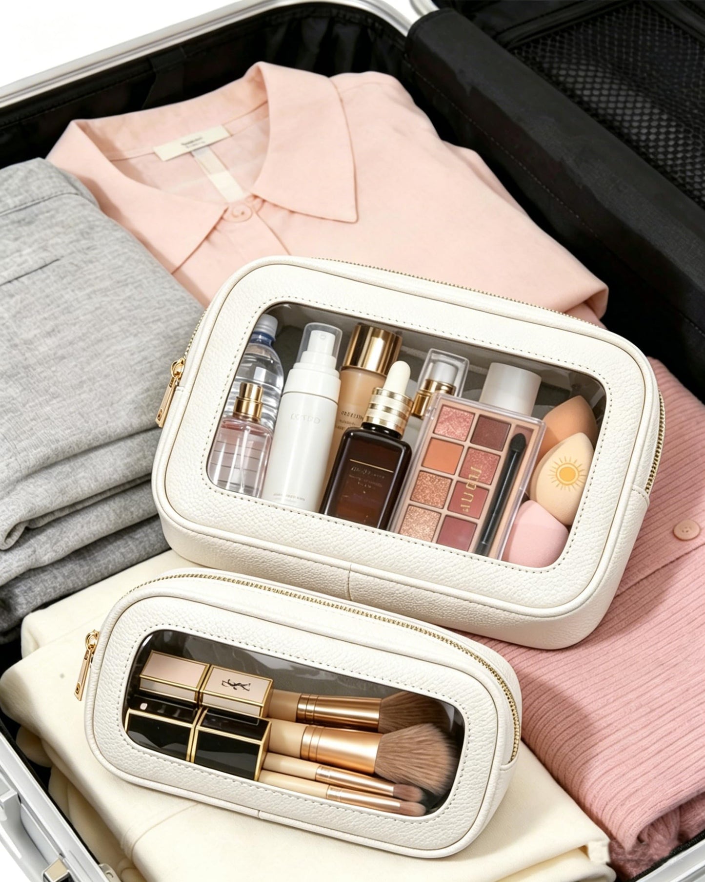 FFpaw 2Pcs Clear Makeup Bags Set - Portable Clear Cosmetic Bag Case Travel Makeup Brush Bag Waterproof Makeup Pouch TSA Approved Toiletry Bag Car Organizer Bag for Women (White Set)
