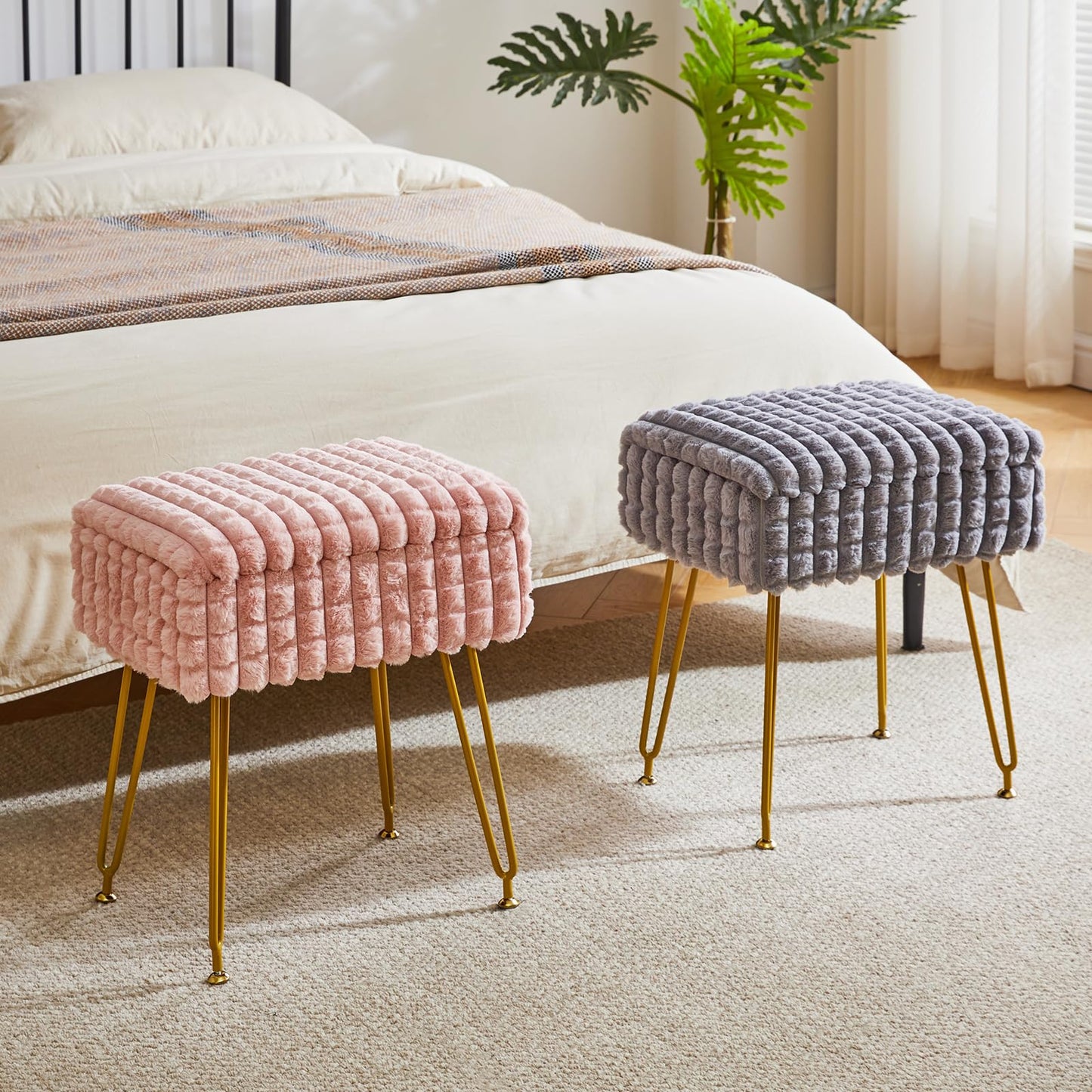 IBUYKE Rectangle Vanity Chair with Storage Space, Footrest Footstool Ottoman, Vanity Stool, Dressing Table Chair, with Anti-Slip Feet, for Makeup Room, Bedroom, Square Grid Pattern, Pink WBD004P