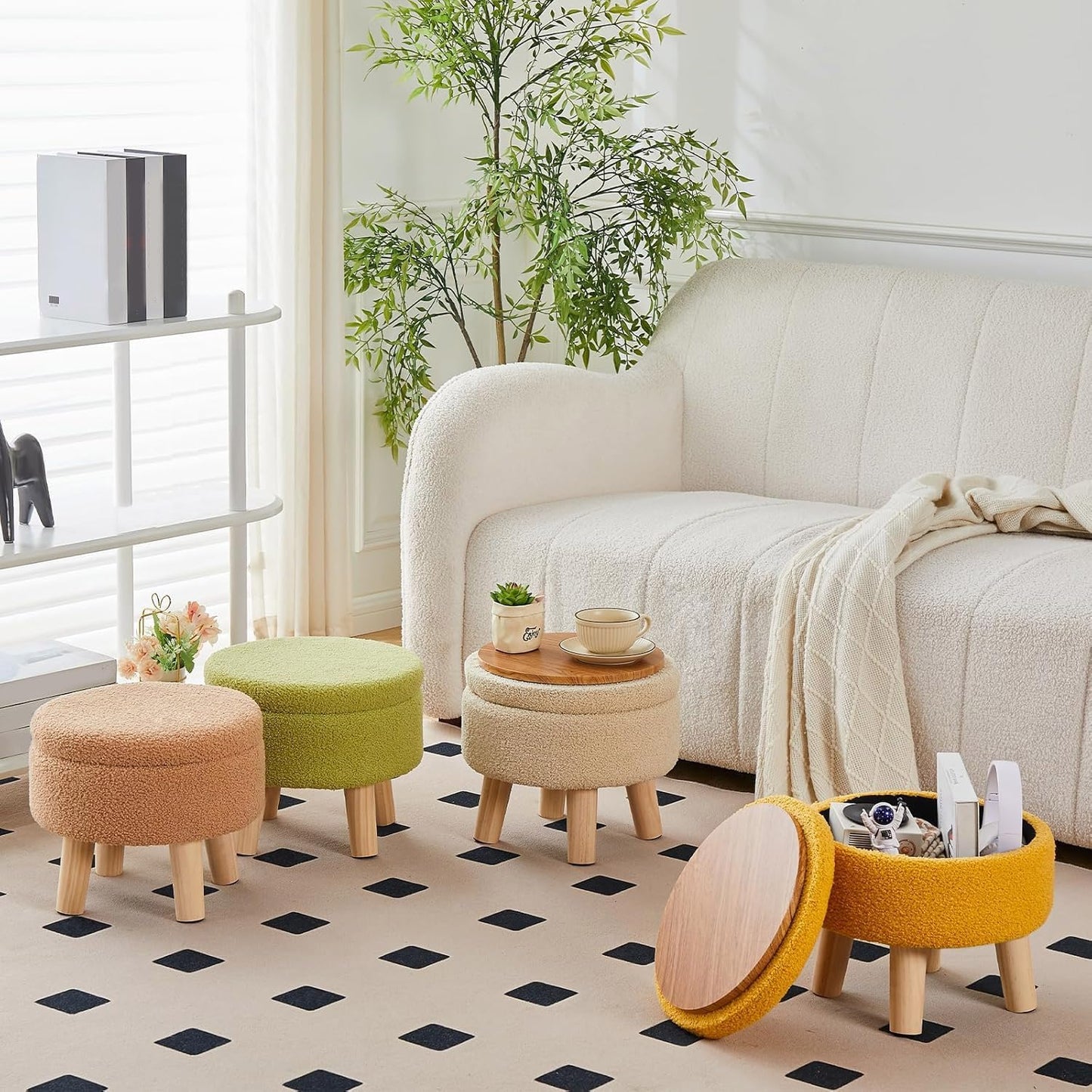 Wimarsbon Storage Ottoman, Modern Round Footrest with Soft Padded Seat, Teddy Velvet Footstool with Wood Legs, Accent Small Table or Plant Stand for Hallway, Living Room (Brilliant Yellow)