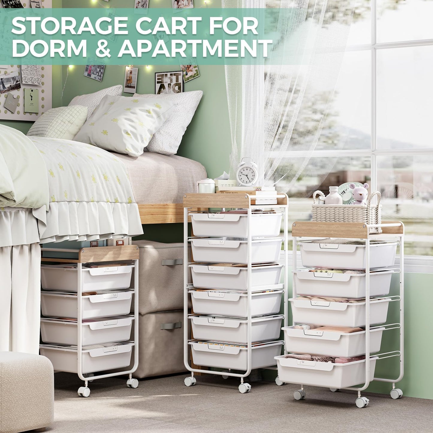Utility Cart with Drawers,Craft Cart with 5 Drawers,Art Supply Organizer,Rolling Drawer Cart,Craft Storage Cart,Storage Drawer Carts With DIY Lable and Wooden Tabletop Area,White