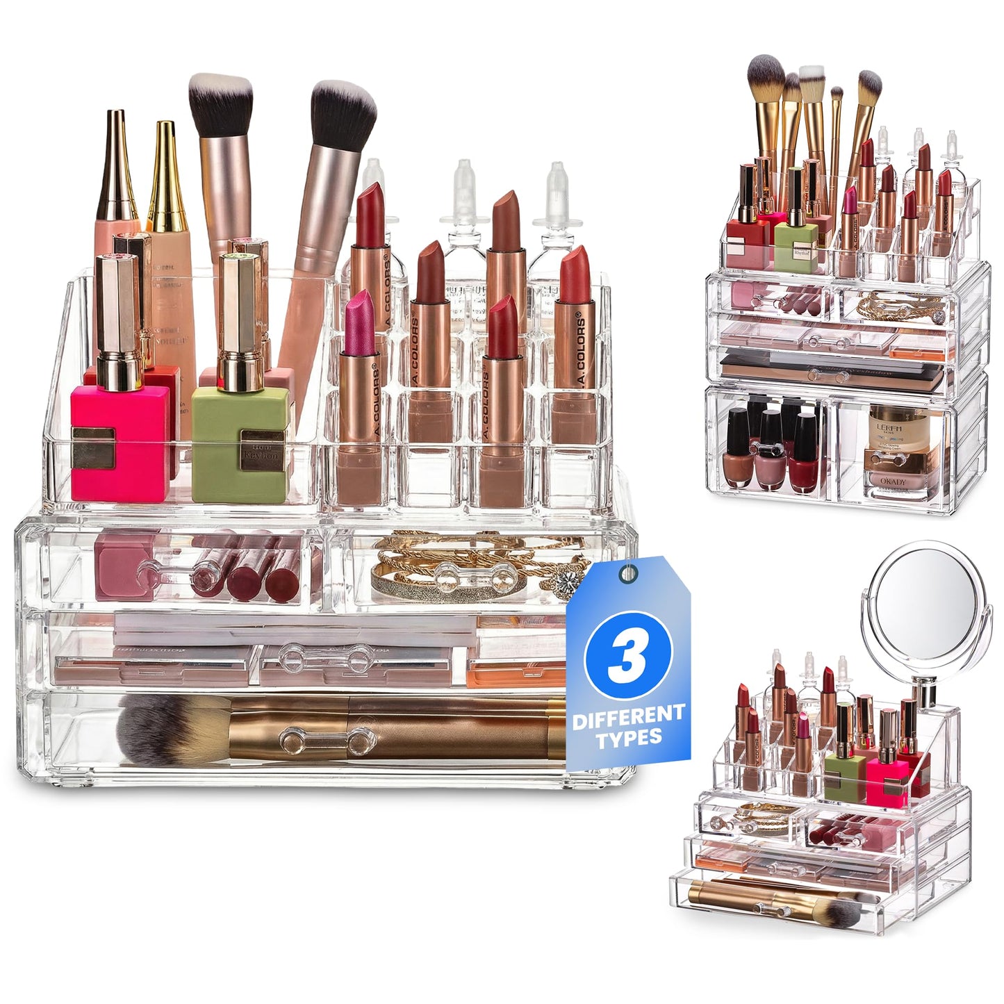 Masirs Clear Makeup Organizer - 16-Compartment Cosmetic and Jewelry Holder with 4 Drawers - Vanity Storage Box for Makeup, Skincare, Accessories, and Jewelry Display