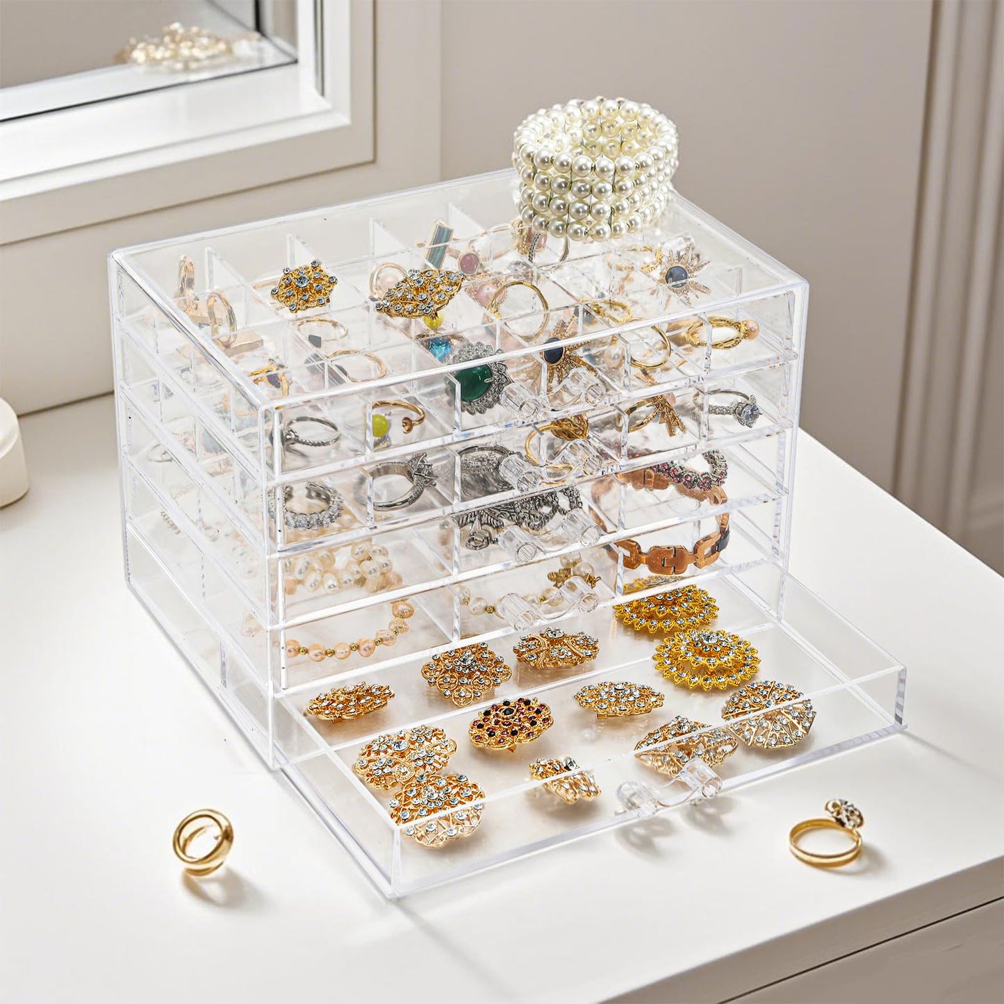 yarlung Acrylic Jewelry Storage Box Earring Holder with 5 Drawers, 61 Grids Jewelry Organizer Tray Clear Ring Display Case for Beads, Nail Tips, Women Girls Gift