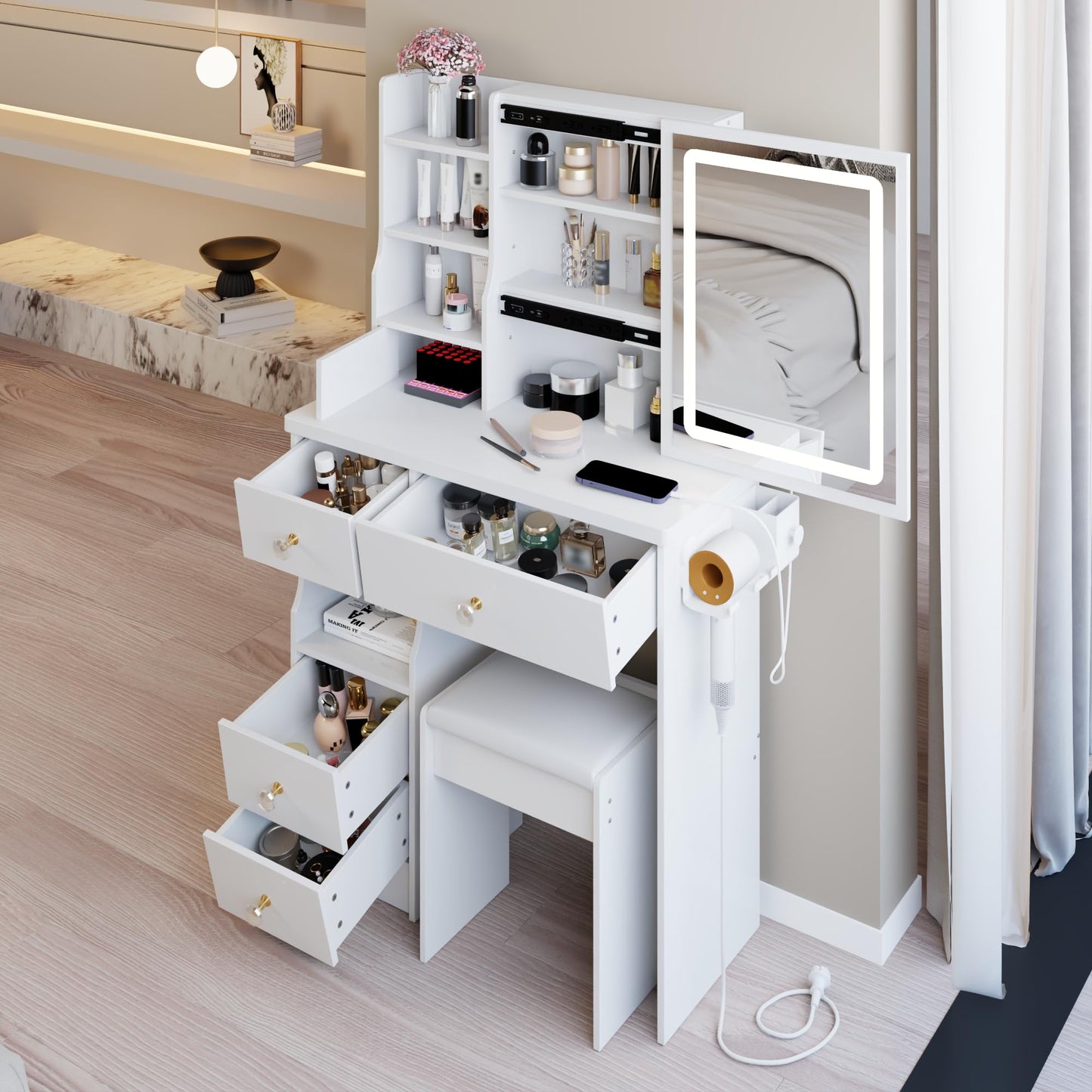 KEIKI Vanity Desk with Mirror Light and Charging Station, Makeup Vanity Table with Stool, Storage Drawer & Hair Dryer Holder, 29.2" Small Dressing Table Set with Tri-Color Lighting for Bedroom, White