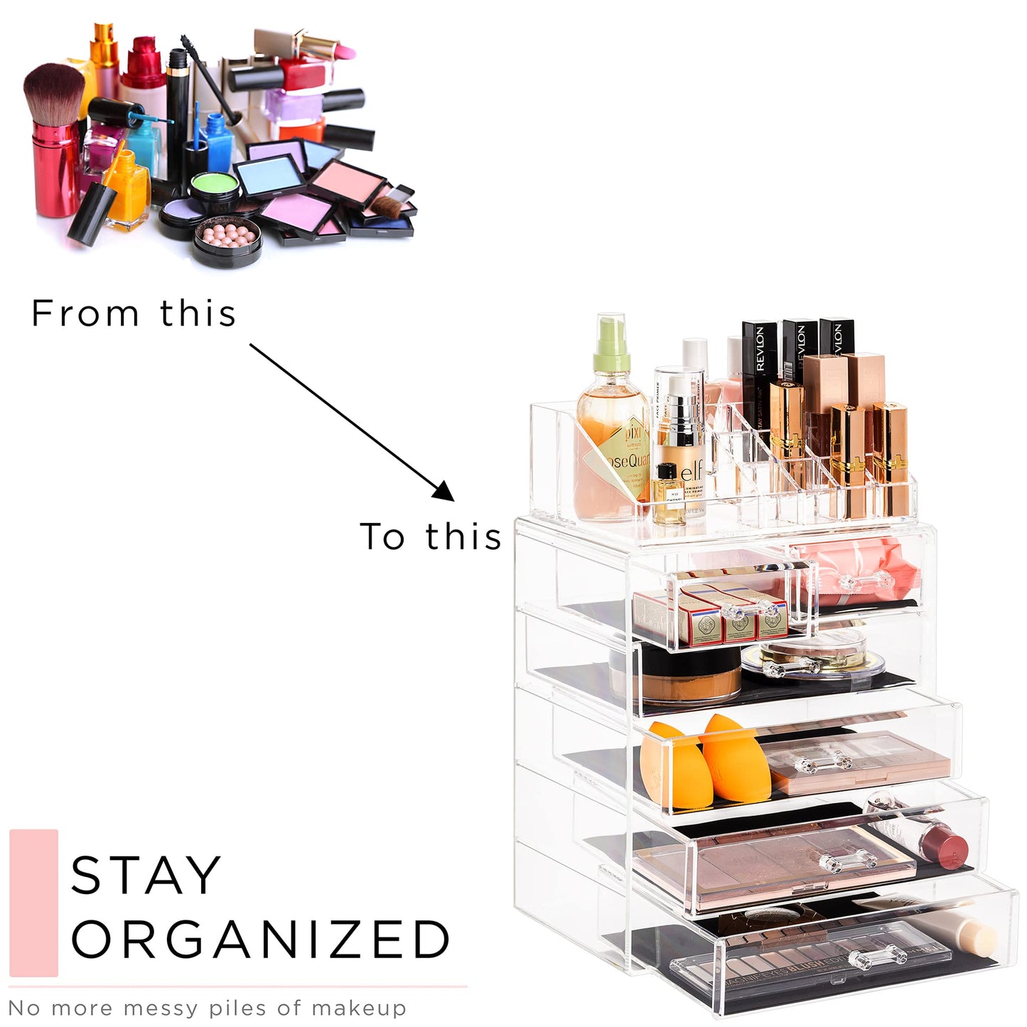Sorbus Acrylic Makeup Organizer Set, 6-Drawer Vanity & Countertop Cosmetic Storage with Small & Wide Compartments, Clear Makeup Storage for Brushes, Jewelry – Holiday Gift for Women & Teens
