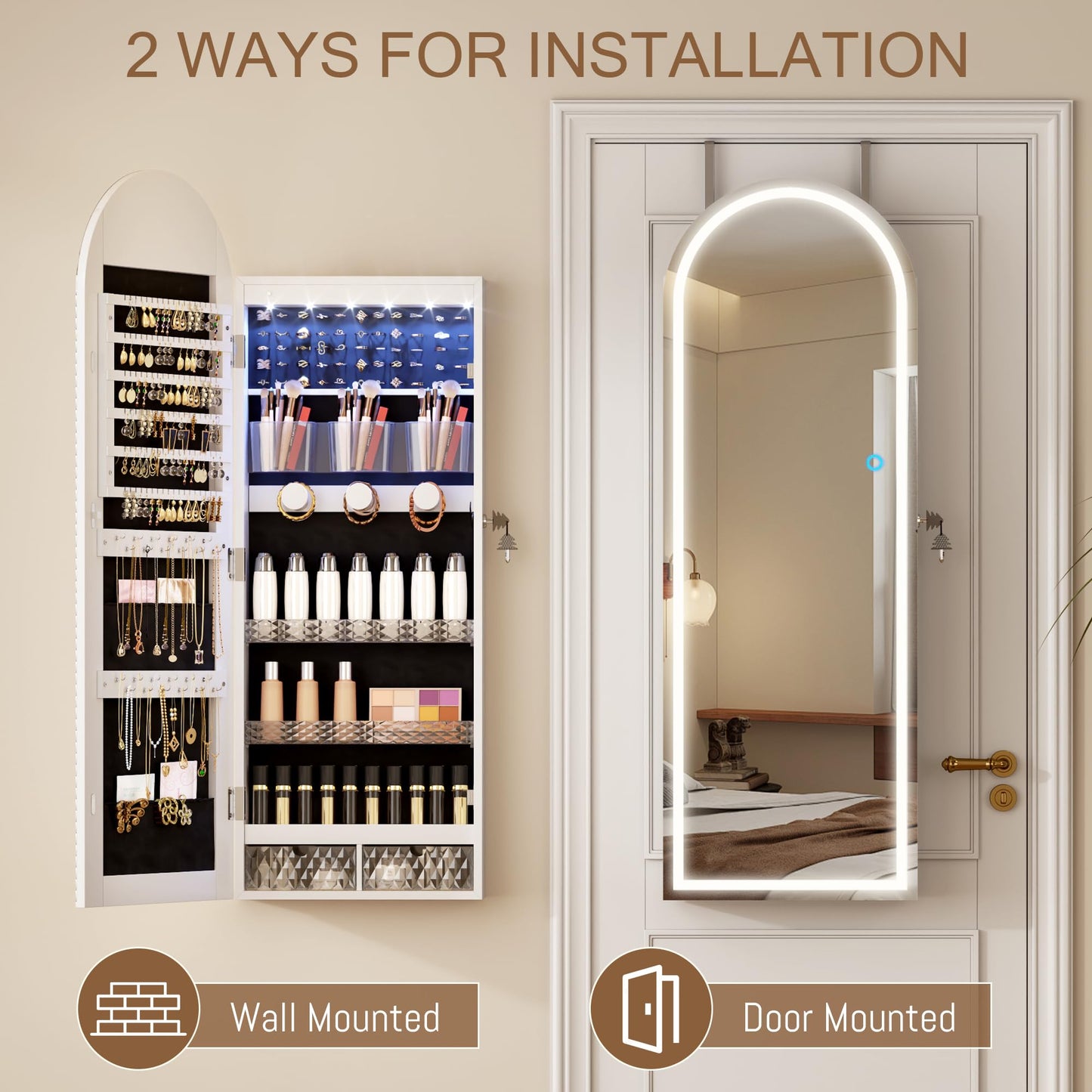 LVSOMT Wall Mounted Jewelry Organizer Lockable, 43"x16" Door Hanging Arched Mirror with Lights and Jewelry Storage, 6 LEDs Jewelry Cabinet (White)