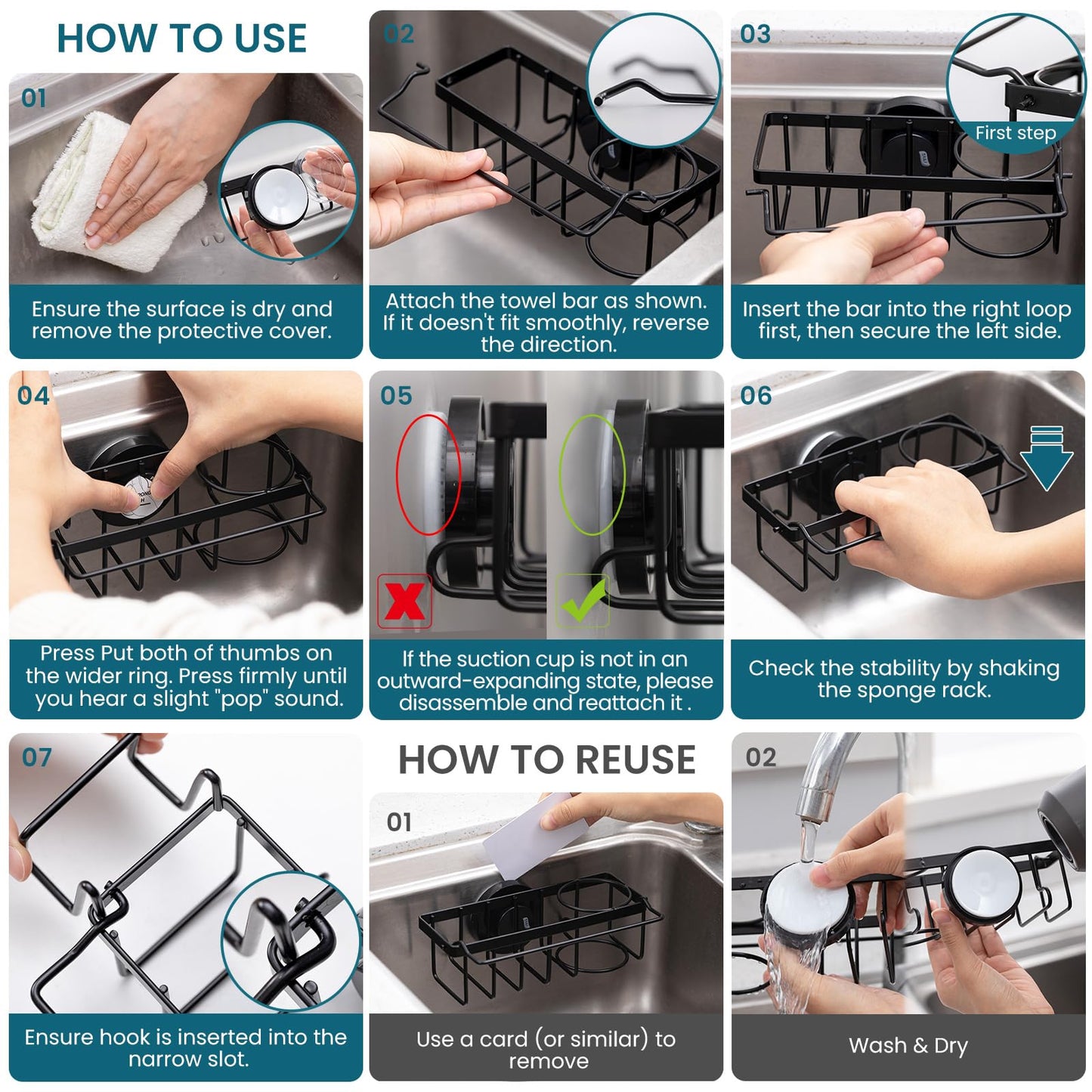 TAILI 4-in-1 Sink Caddy with Strong Suction Cup, Sponge Holder for Kitchen Sink Organizer, Removable, Rustproof, Stainless Steel Holder for Sponge, Brush, Scrubber, Scraper - Black