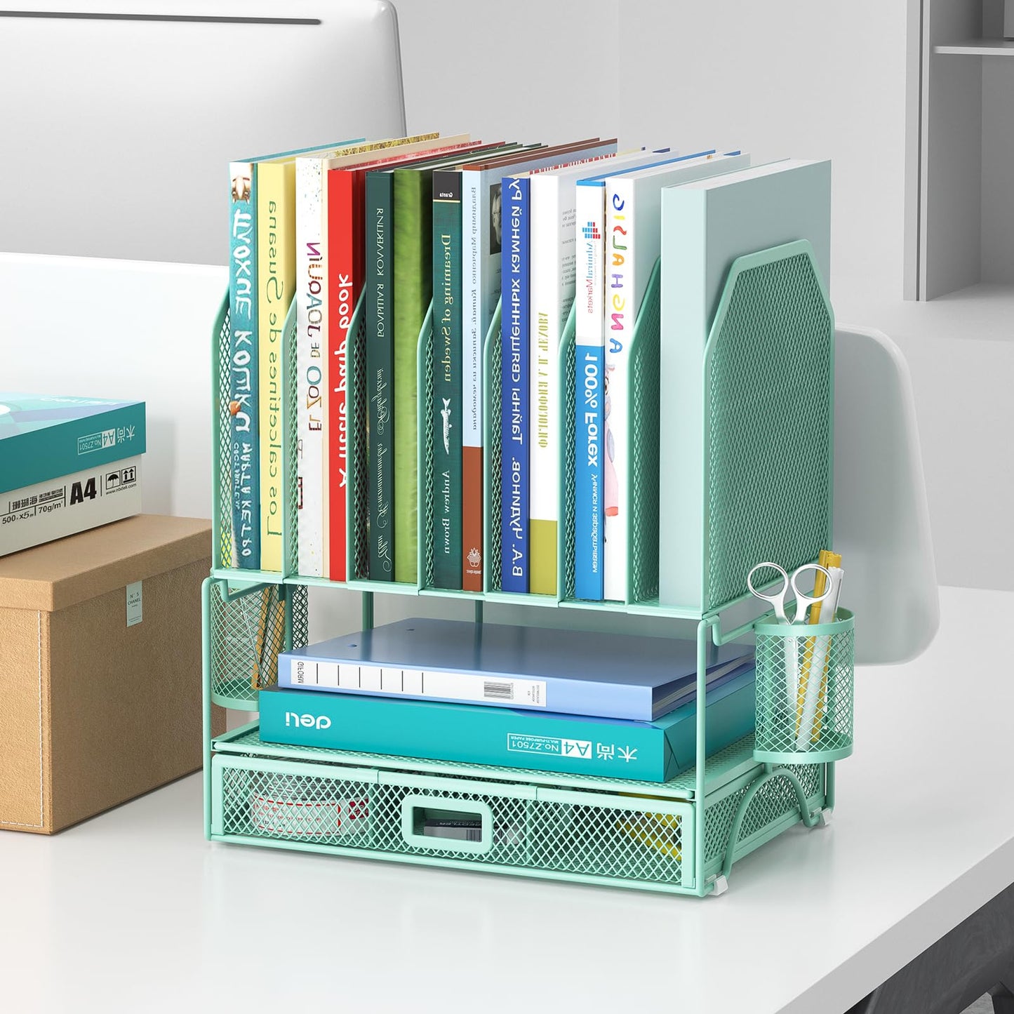 FANXIYQ Metal Desk Organizer with Sliding Drawer, 7-Section File Organizer for Desk, Desktop File Folder & Paper Organizer with 2 Hanging Pen Holders, Office Supplies Organizer, Green