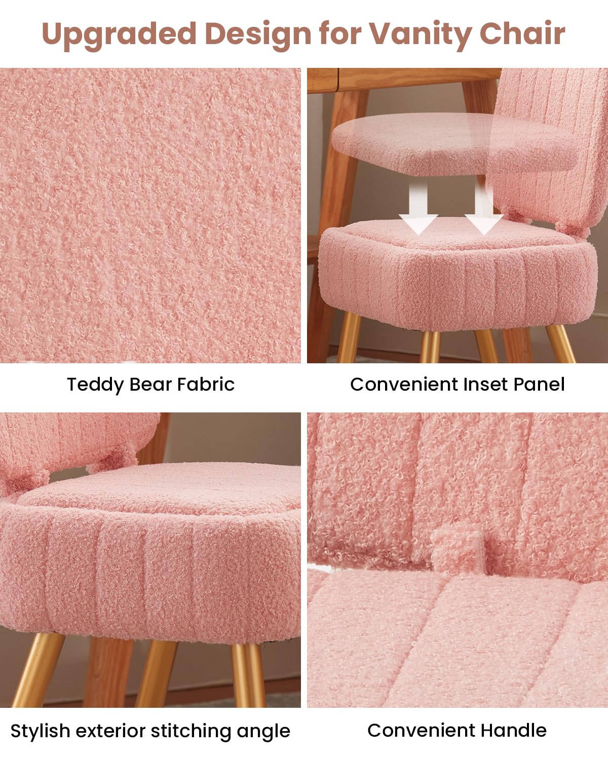 ZYKZYK Updated Vanity Chair, Storage Ottoman with Folding Back & Gold-Toned Metal Legs, Ottoman Seat with Teddy Velvet for Dressing Room Living Room Bedroom, 15" x 12" Inch