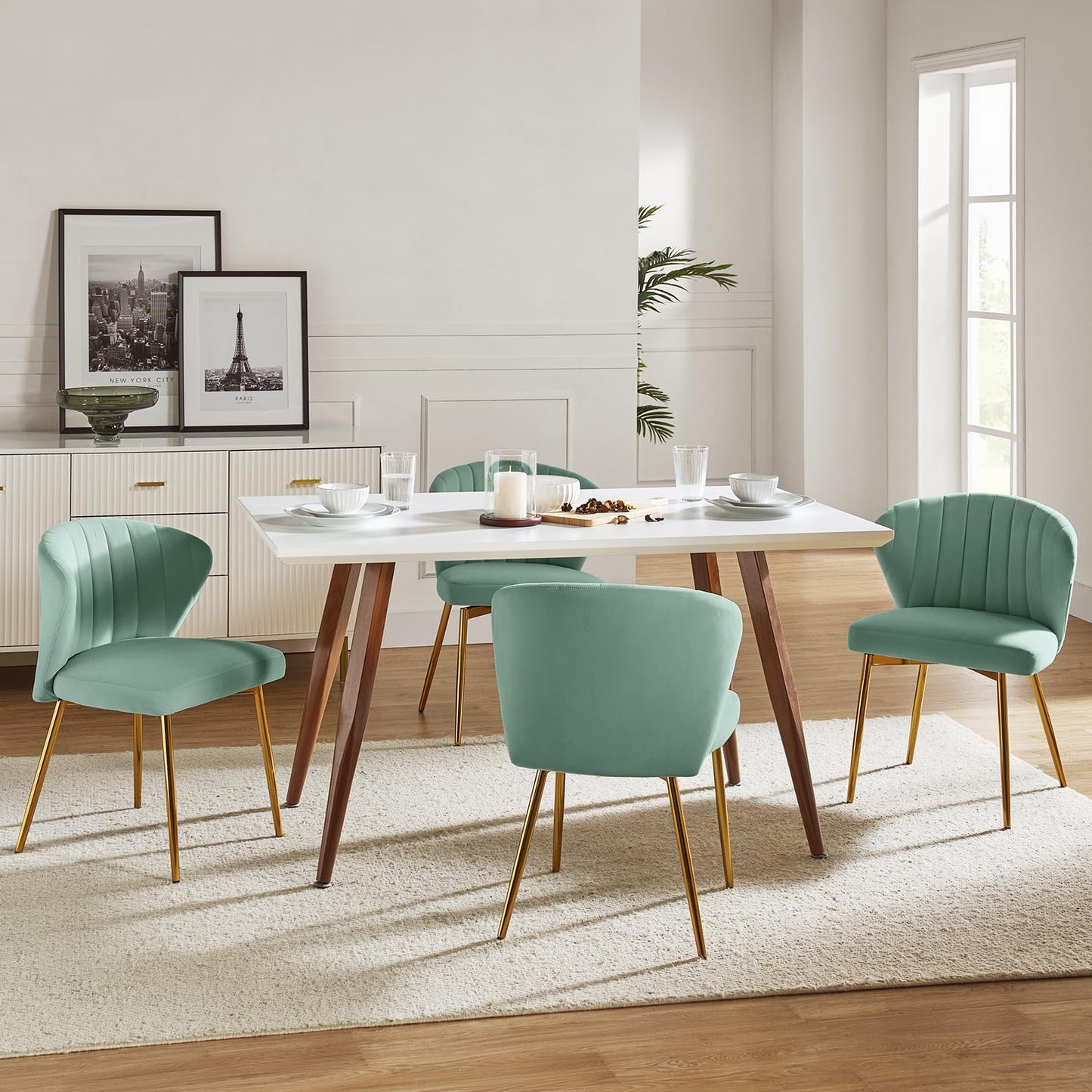 HULALA HOME Velvet Dining Chairs, Modern Small Armless Accent Chair with Gold Metal Legs, Living Room Upholstered Cute Side Chair, Elegant Tufted Back Vanity Chair for Bedroom/Beauty Room-SAGE