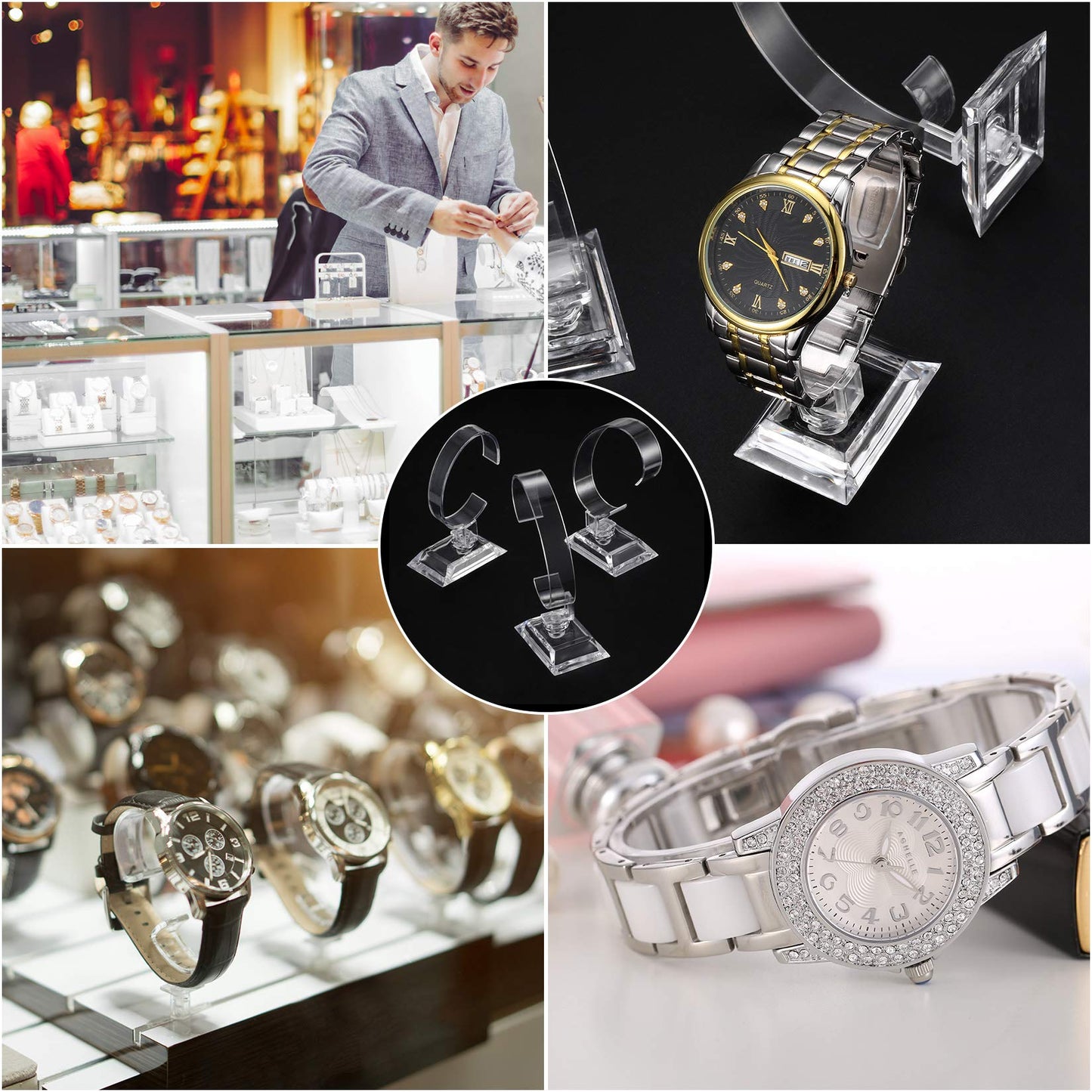HexinYigjly 30 Pcs Watch Display Stand Holder, 4 inch/3.5 inch Clear Plastic Watch Display Stand Rack, Round Transparent Bracelet Stand Holder